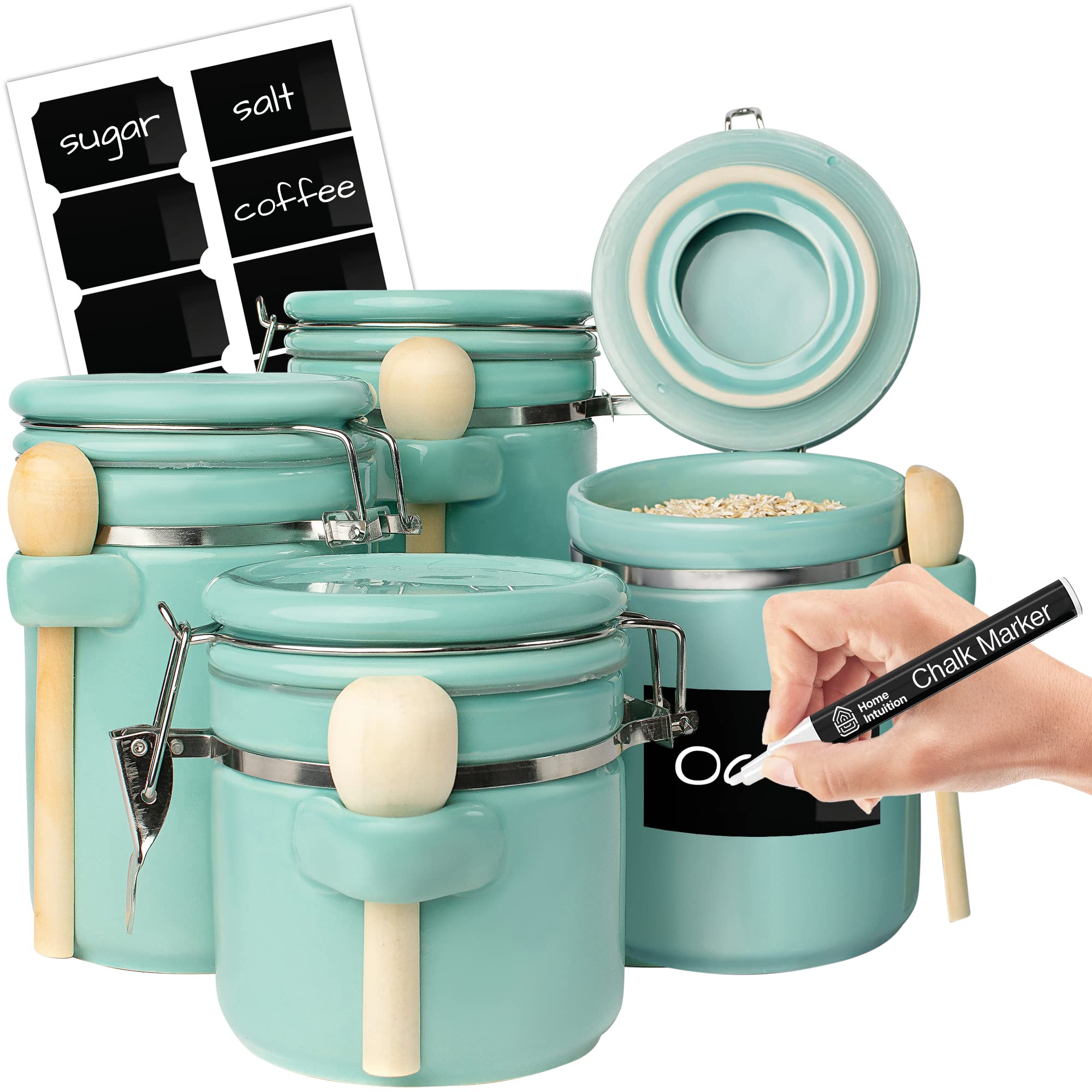 Home Intuition 4-Piece Ceramic Kitchen Canisters Set, Airtight Containers with Wooden Spoons Reusable Chalk Labels and Marker fo