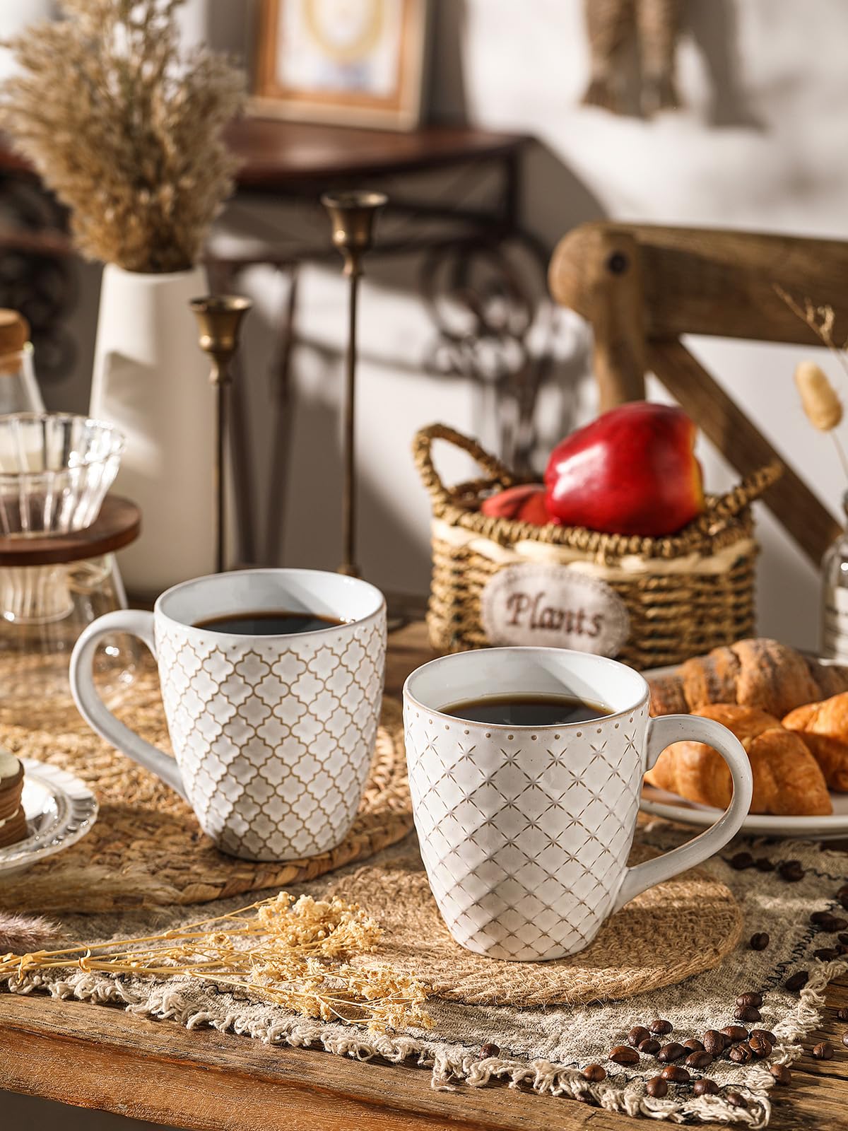 DOWAN Coffee Mugs Set of 6, 19 oz Large Mug, Ceramic Embossment Stoneware Tea Cups with Handle for Men Women, Handcrafted Mug Gi