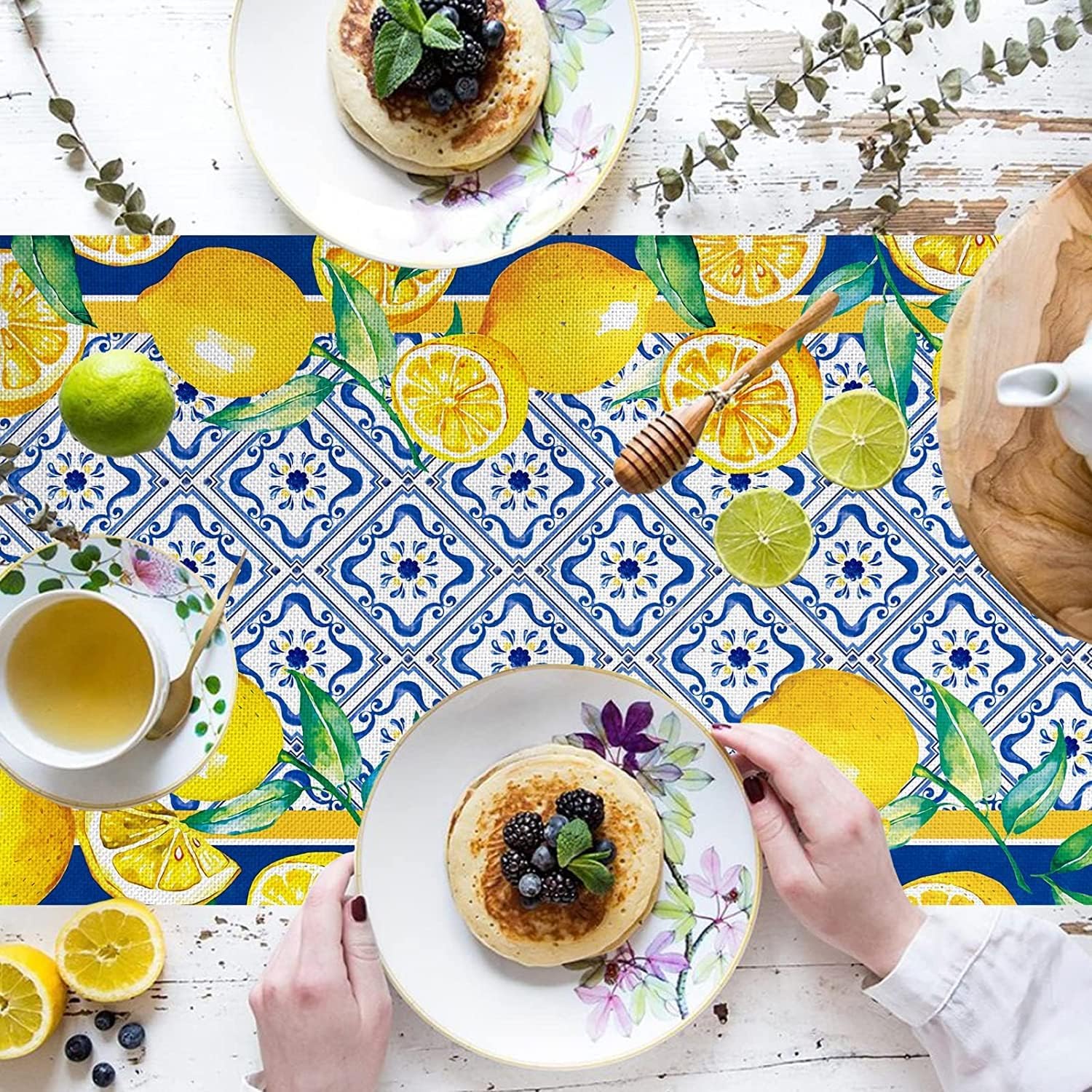 Whomeaf Capri Blue Lemon Table Runner Italy Tile Burlap Artificial Yellow Lemon Fruit Table Runners Farmhouse Coffee Table Cente