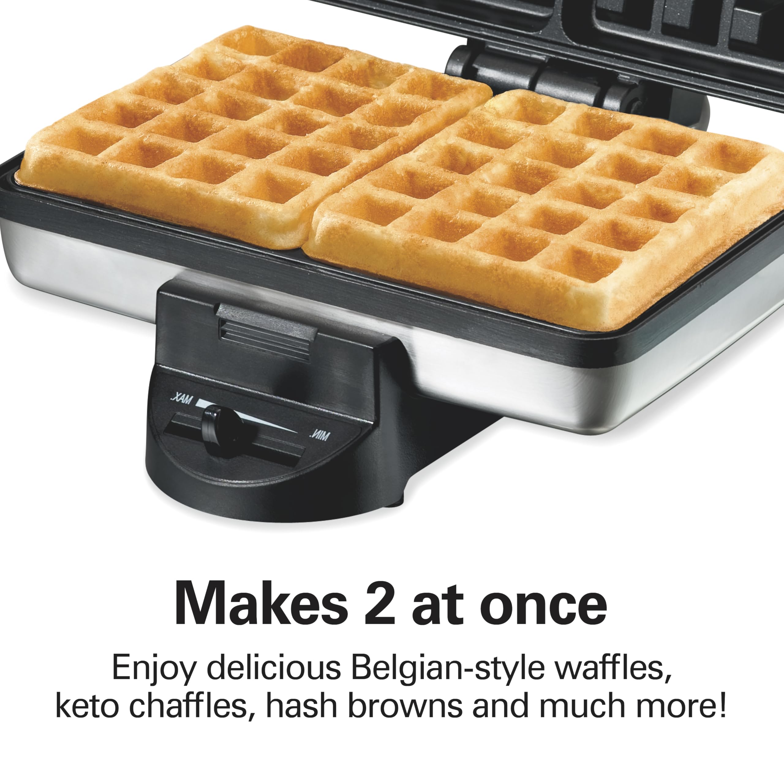 Hamilton Beach Belgian Mini Waffle Maker, Makes 2 at Once, Stainless Steel, Model 26009, PFAS-Free Non-Stick Plates, Compact Design