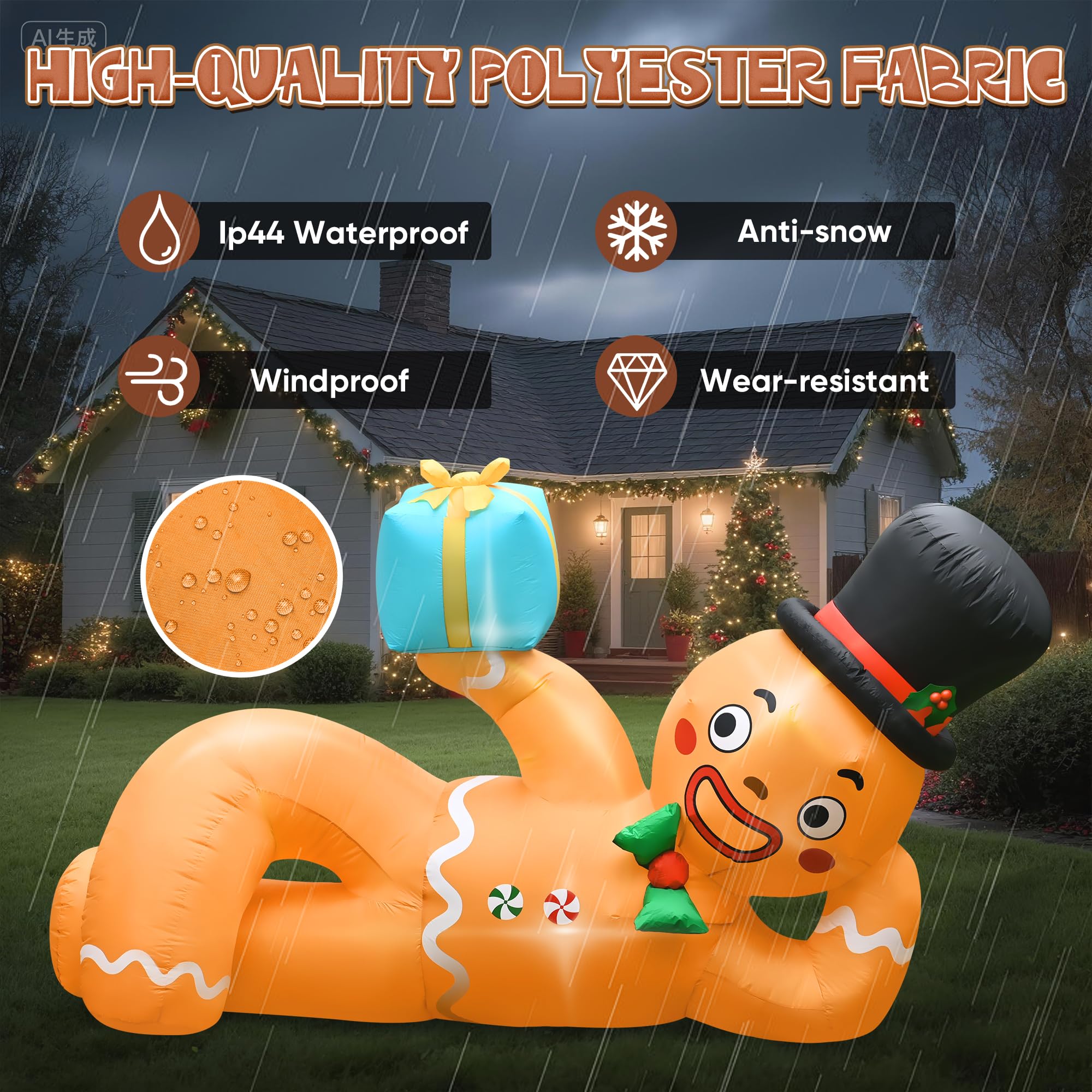 CORALMEE 10 FT Christmas Inflatables Gingerbread Man, Christmas Blow Up Yard Decorations with Built-in LEDs, Lying Gingerbread I