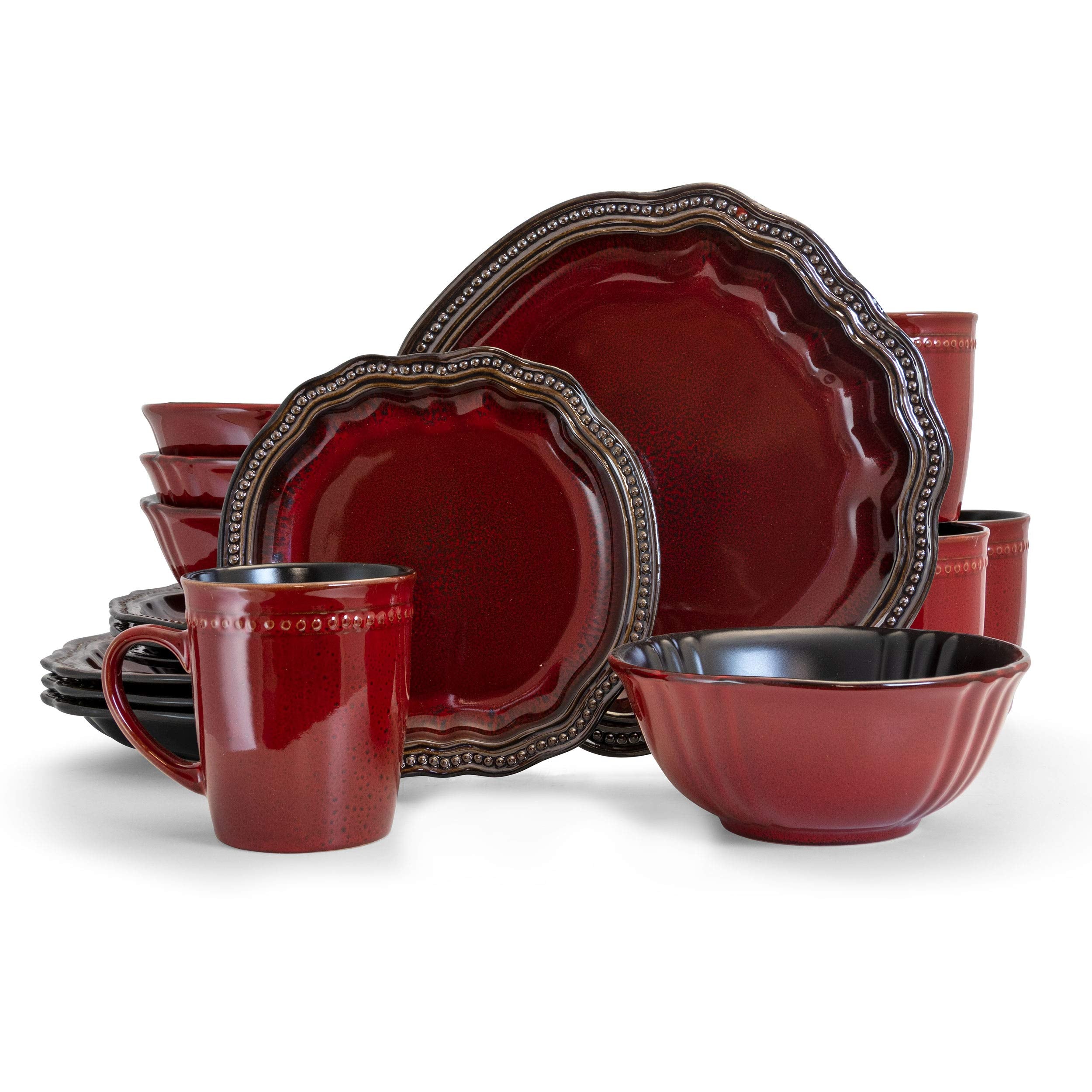 Elama Round Oval Stoneware Fine Dining Dinnerware Dish Set, 16 Piece, Dark Red with Bronze Accents