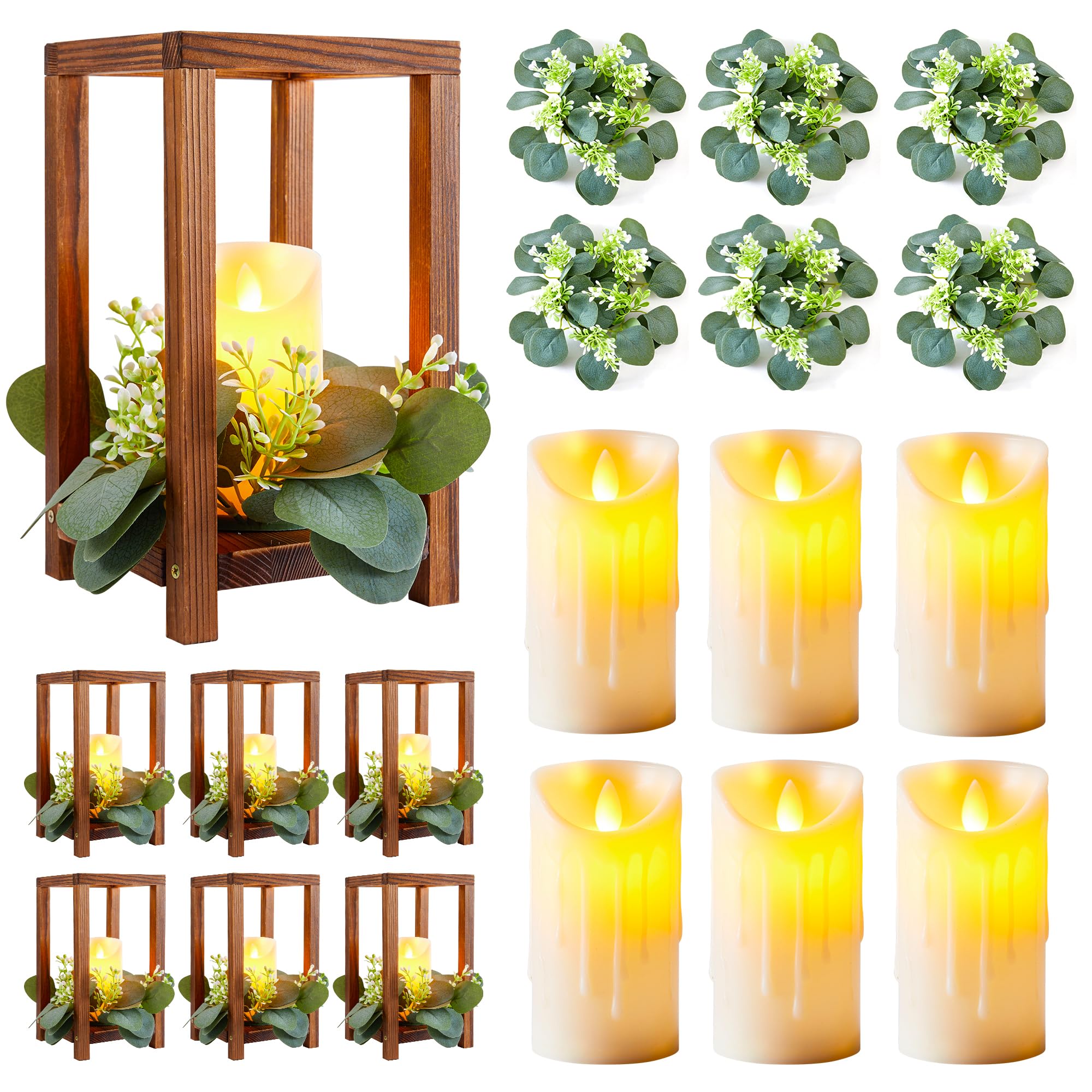 Neoflavie 6 Set/18 Pcs Wooden Wedding Lantern Centerpiece Include 6 Wooden Lantern Candle Holder 6 Flameless LED Candle 6 Eucaly
