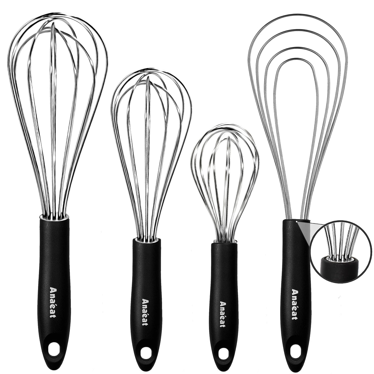 Anaeat Stainless Steel Kitchen Whisk Set Of 4, Milk And Egg Beater Blender With Thick Wire For Whisking, Cooking, Baking, Beatin