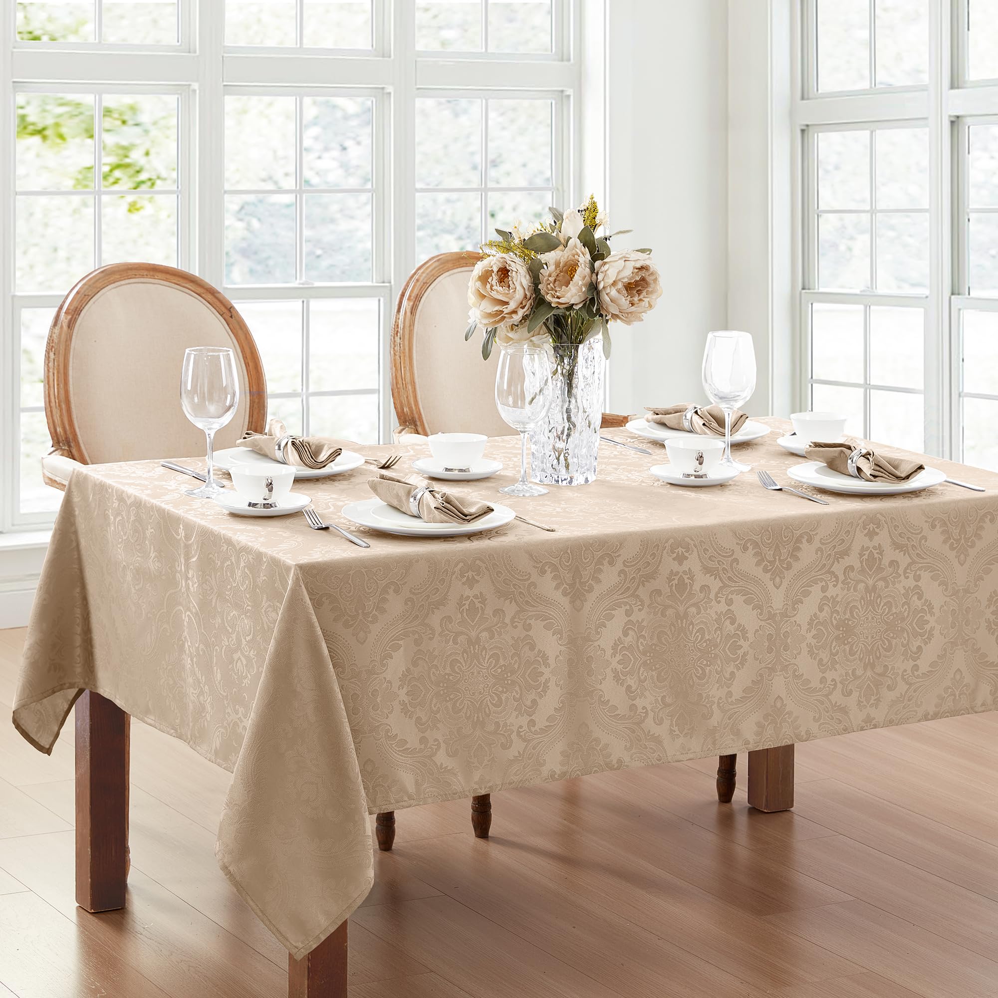 Elrene Home Fashions Caiden Elegance Damask Fabric Tablecloth, 60'' X 102'' Oblong/Rectangle, Taupe