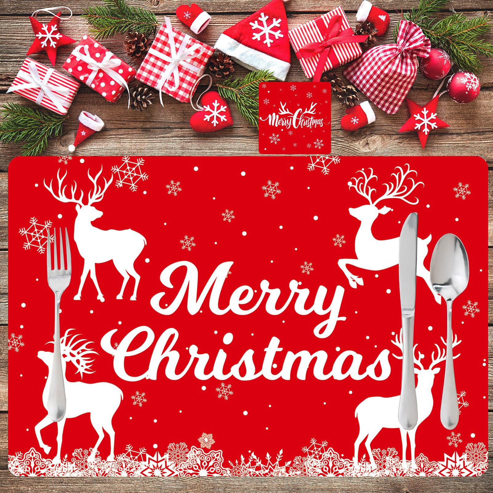 12Pcs Christmas Pvc Placemats Coasters Set, Rectangular Reindeer Elk Snowflake Dining Table Place Mats, Washable Heat-Resistant