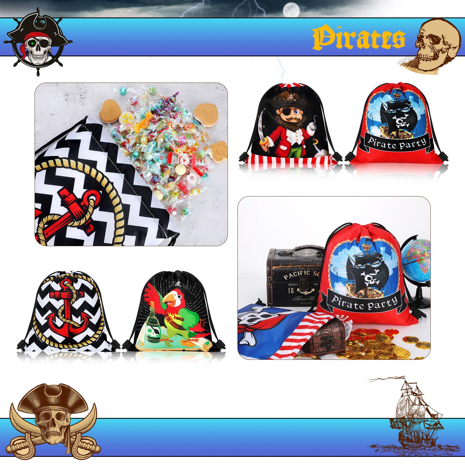 Woanger 16 Pcs Pirate Party Favor Bags Pirate Drawstring Bags For Kids Captain Skull Party Goodie Gift For Halloween Cosplay Adv