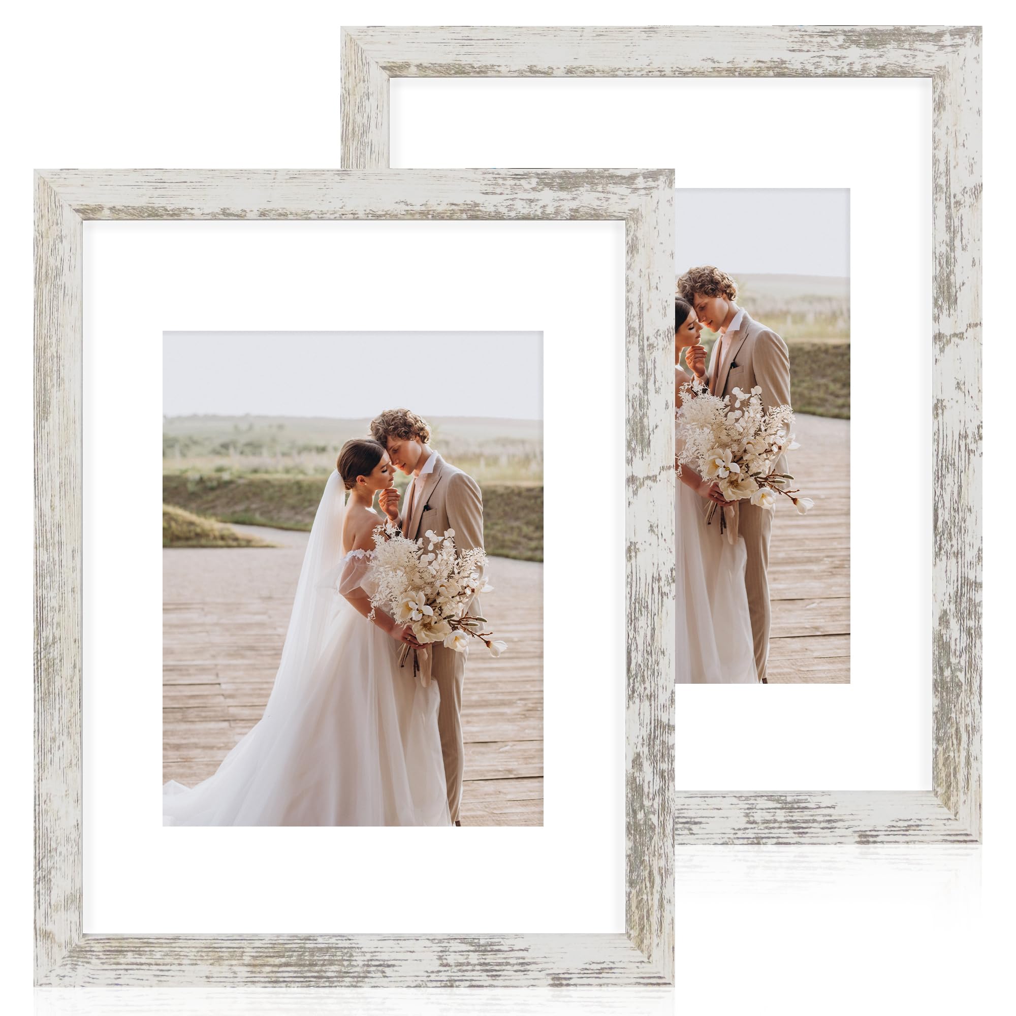 Hongkee 11x14 Picture Frame Set of 2, Made of Glass and Distressed White Wooden Frame, Display 8x10 Pictures with Mat or 11 x 14