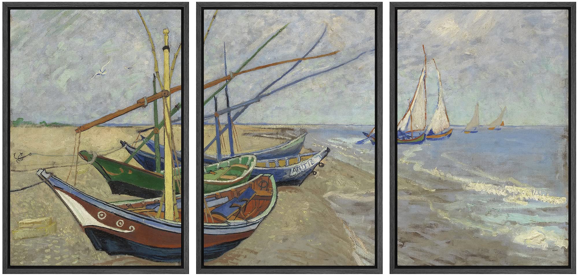 Wall26 Framed Canvas Print Wall Art Set Fishing Boats On The Beach Vincent Van Gogh Classical Illustrations Fine Art Decorative