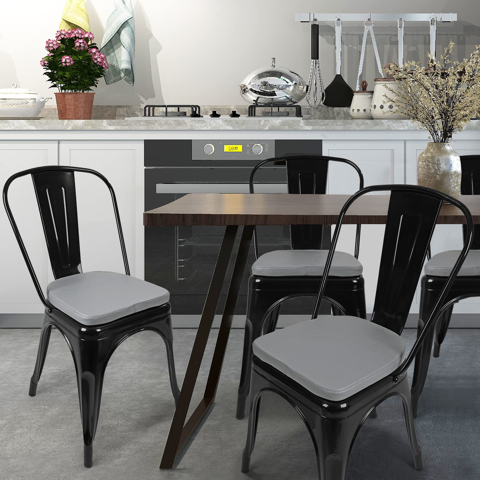 Sinosso Modern Faux Leather 14'' Metal Chair Cushions Set Of 4, Leathaire Magnetic Chair Pads For Dining Kitchen Cafe Bistro Sta