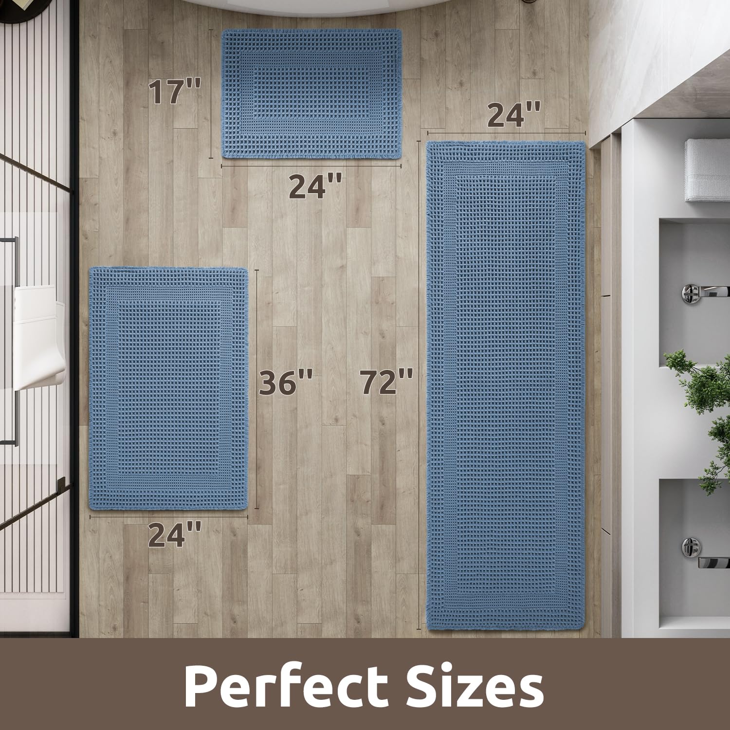 Amoami Waffle Bath-Mat, Absorbent Bath Mats For Bathroom Non Slip, Machine Washable Bathroom Rugs With Tassels Ultra Boho Soft B