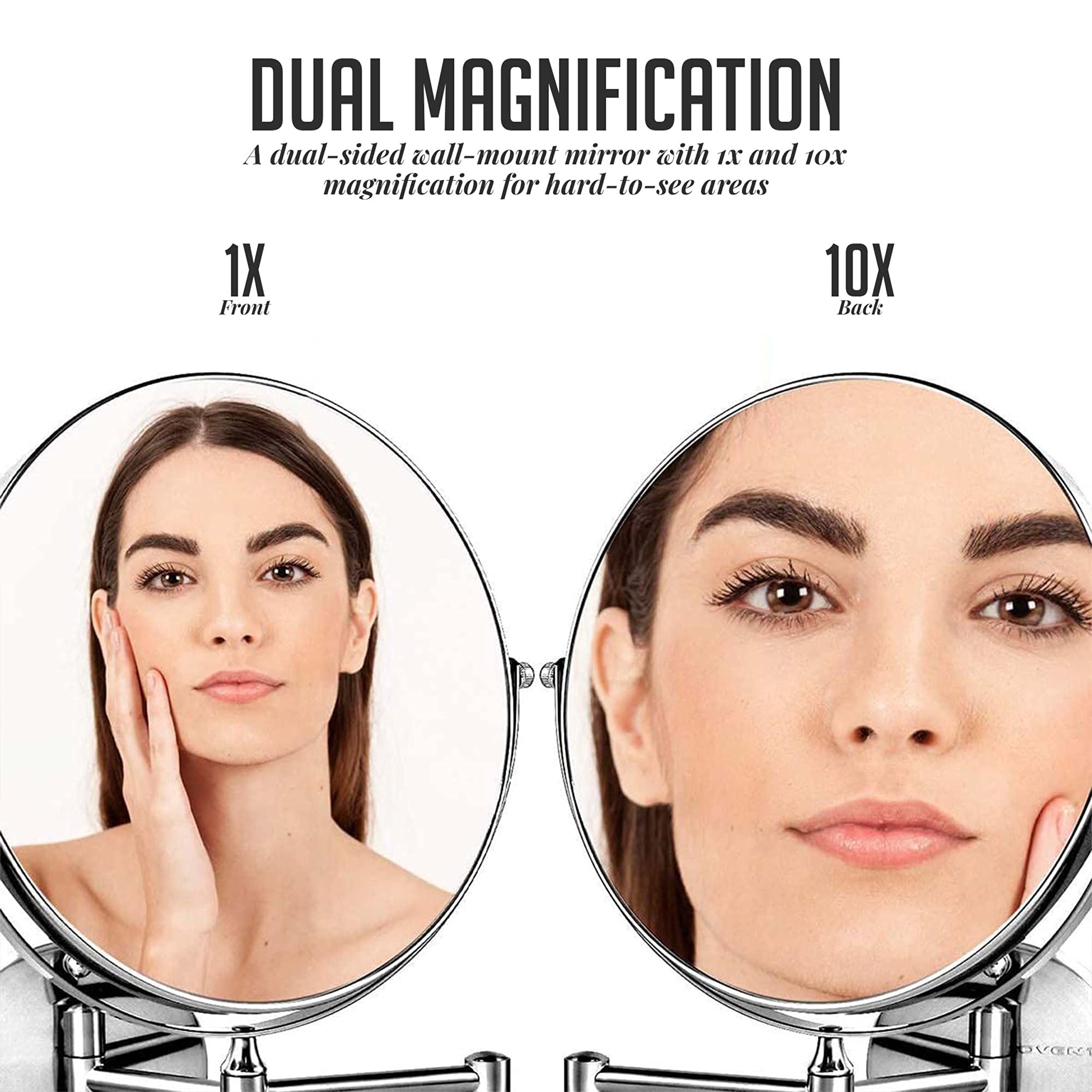 Ovente 9'' Wall Mounted Makeup Mirror - 1X/ 10X Magnification, Rotating 360-Degree, Double-Sided, Extendable & Folding Arm, Clea