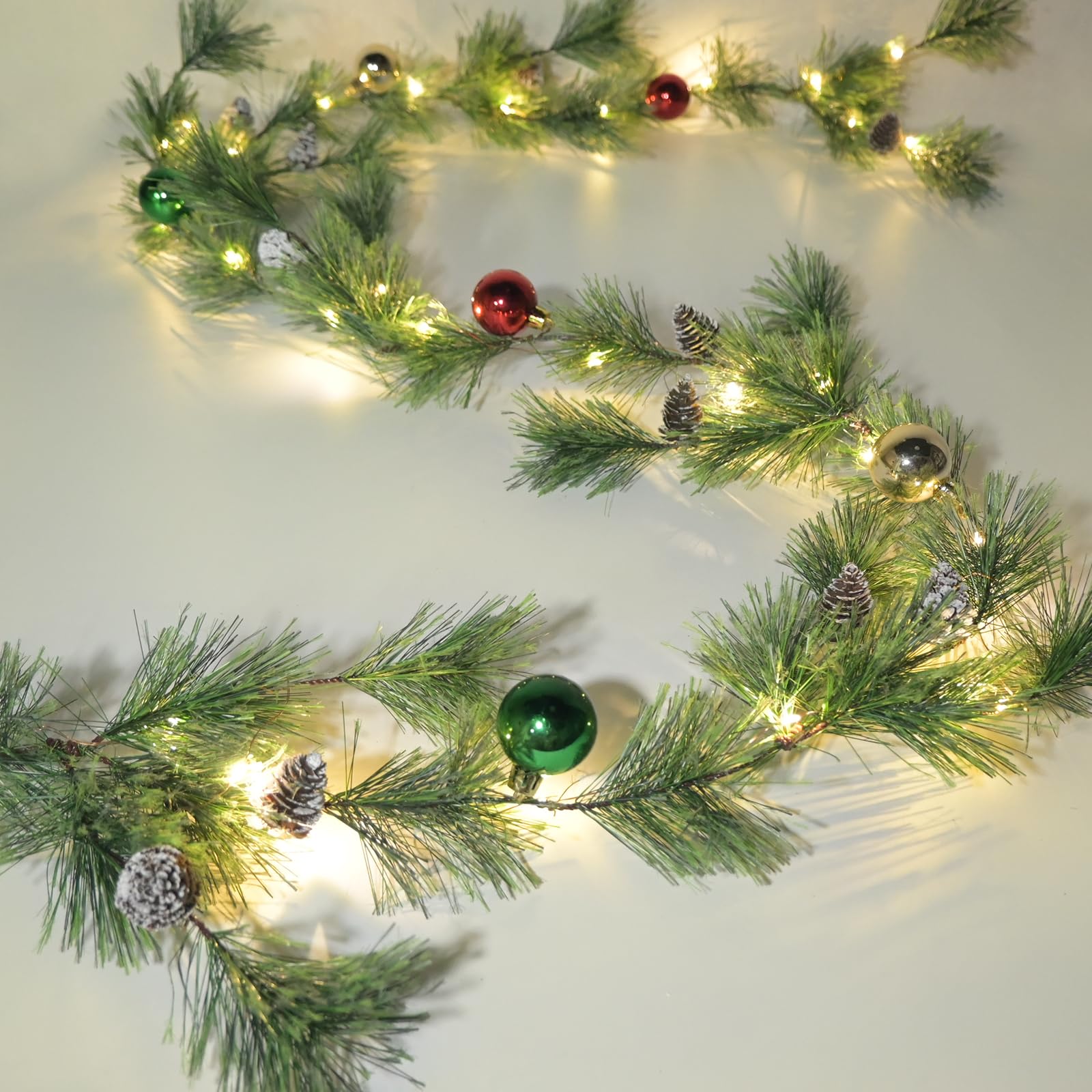 Christmas Garland Lights with Christmas Balls 6.56FT 30 LED Fairy Lights Battery Operated Smokey Pine Garlands with Pine Cones G
