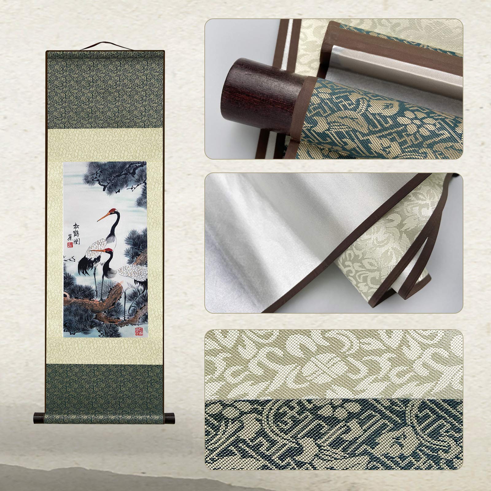 AtfArt Asian Wall Silk Scrolls Decor Beautiful Painting White Crane - Red Crowned Crane - Grus Japonensis Oriental Decor Chinese Art Wall Scroll Wall Hanging Painting Scroll (39 x 12 in)