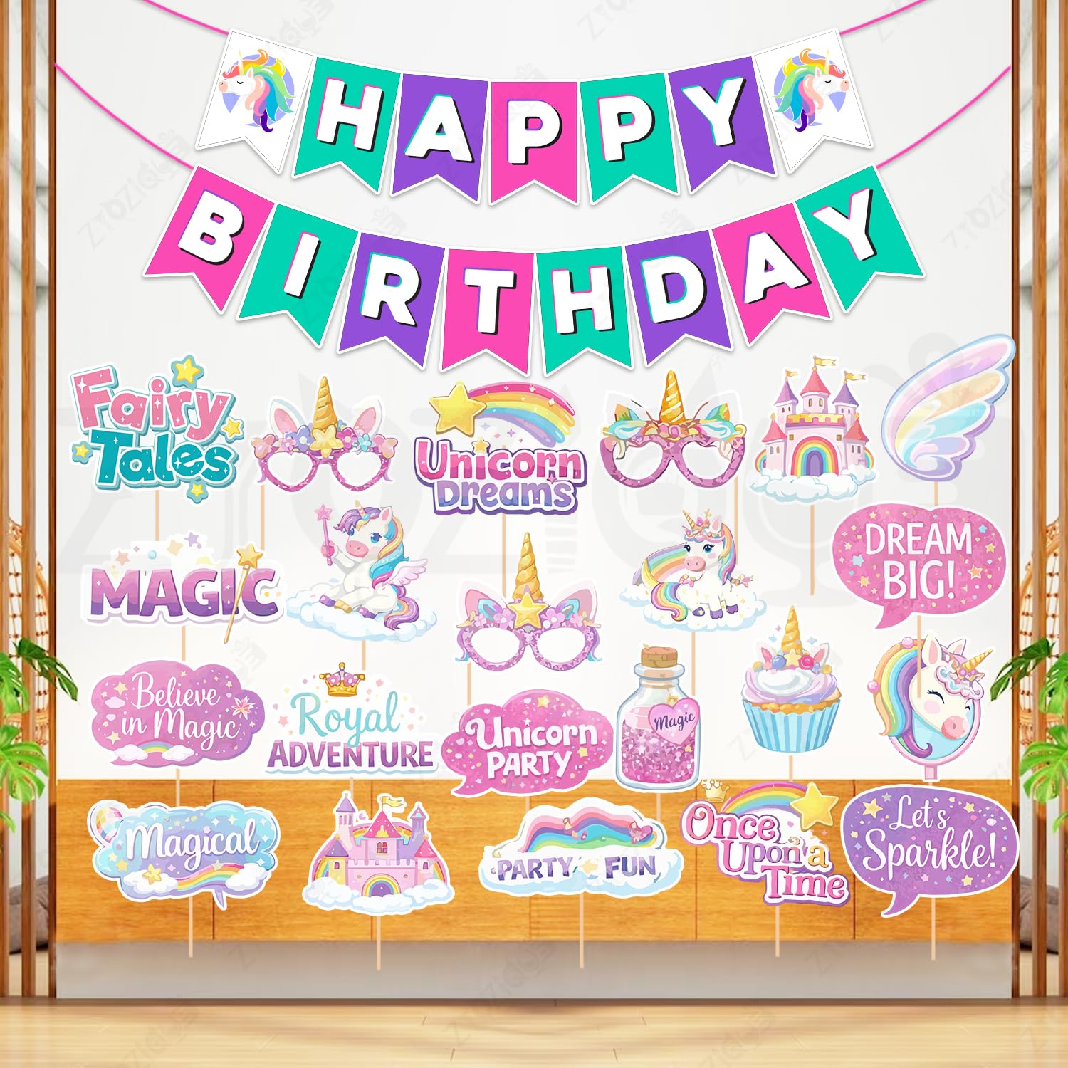 Zyozique Unicorn Theme Birthday Party Decorations Set with Happy Birthday Paper Banner & Photo Booth Props, Unicorn Theme Birthd