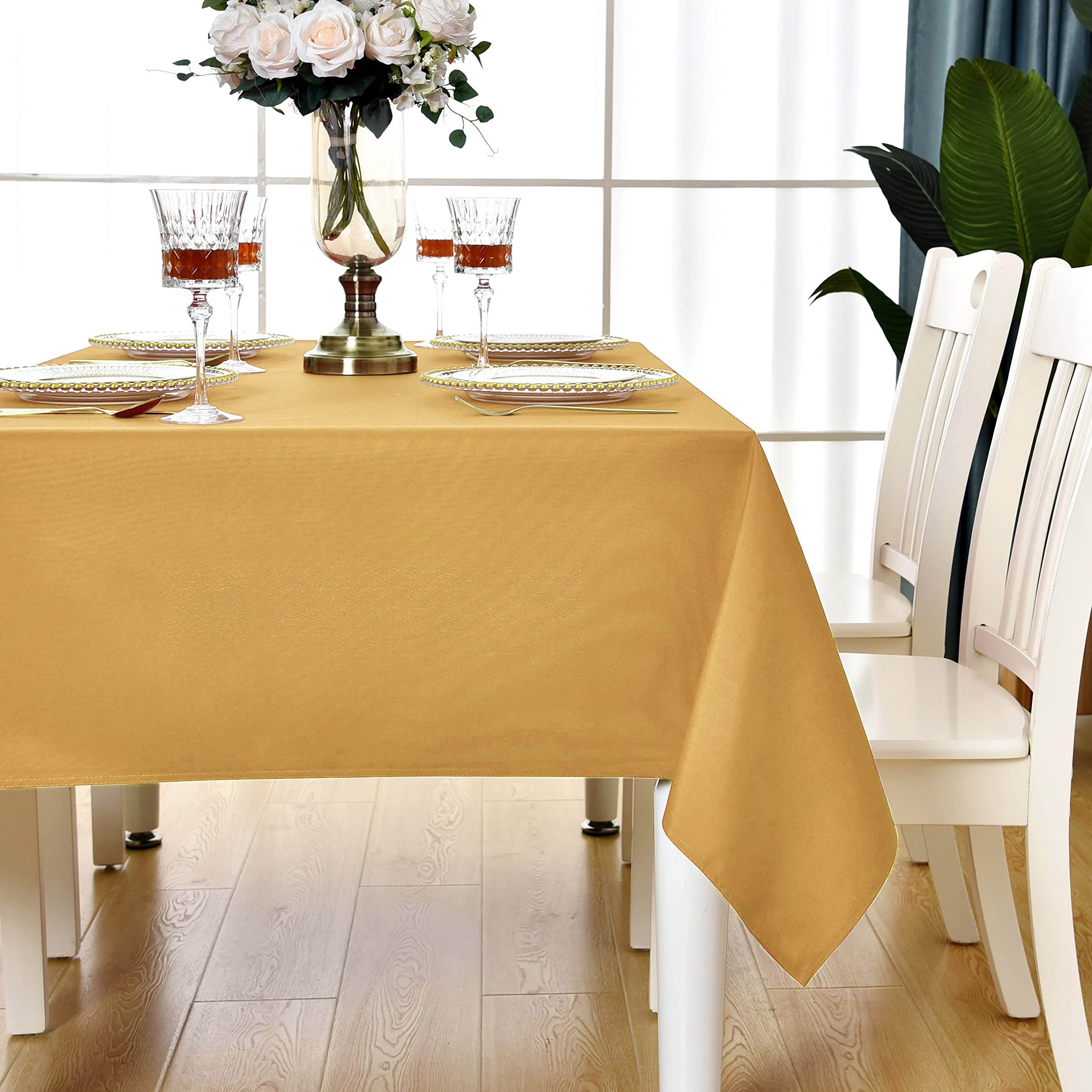 Kaipho Gold Rectangle Tablecloth Waterproof Stain Resistant Wrinkle Free Table Cloth 210Gsm Polyester Wipeable Table Cover For P