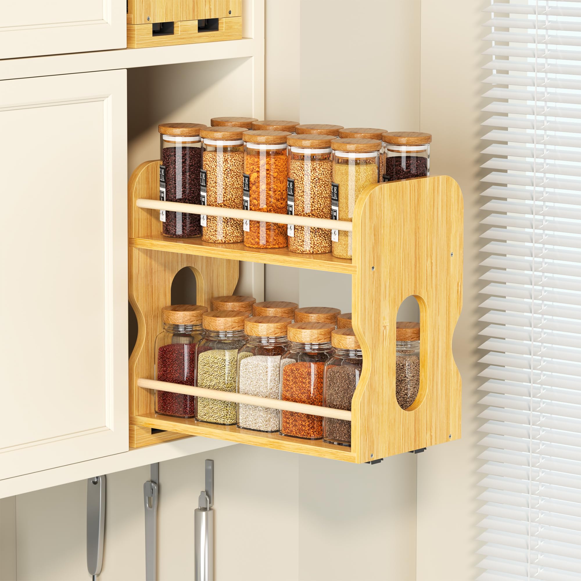 FIKSG Bamboo PullOut Spice Rack for Cabinet, 5.12 Narrow 2Tier Organizer