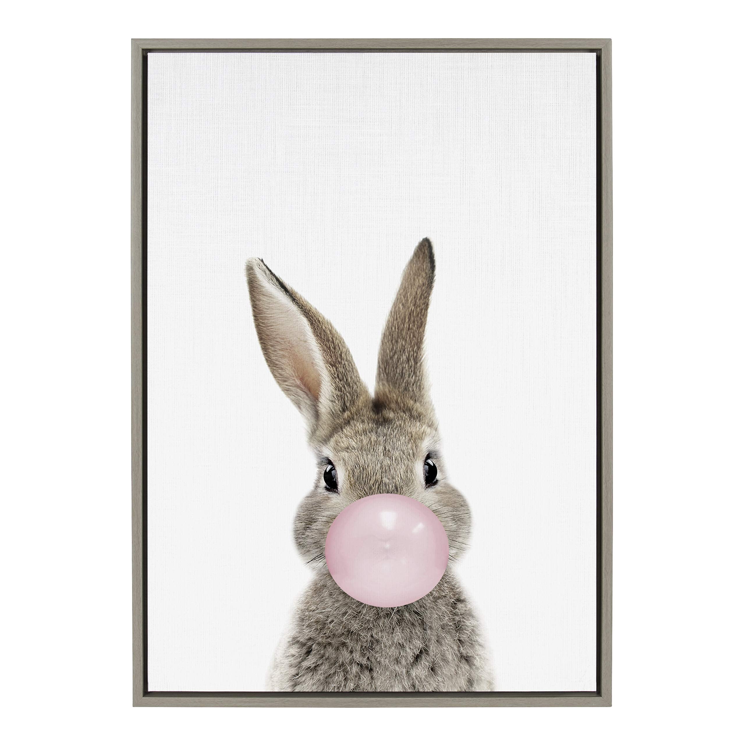 Kate And Laurel Sylvie Bubblegum Bunny Framed Canvas Wall Art By Amy Peterson, 23X33 Gray, Whimsical Baby Animal Art
