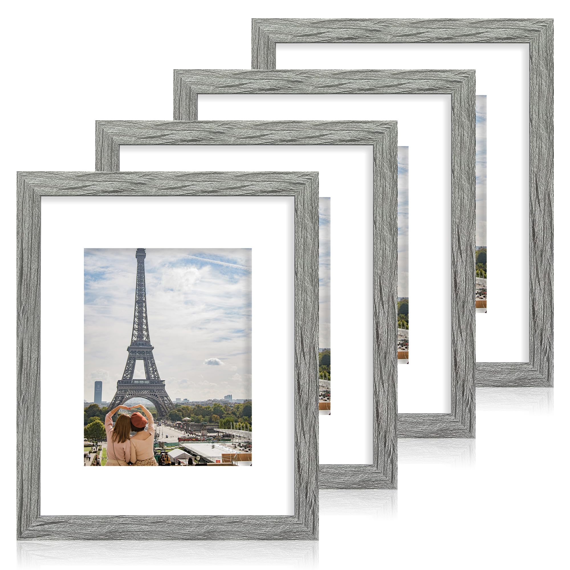 Hongkee 11x14 Picture Frame Set of 4, Made of Grey Wooden Frame, Display 8x10 Pictures with Mat or 11 x 14 Posters without Mat f