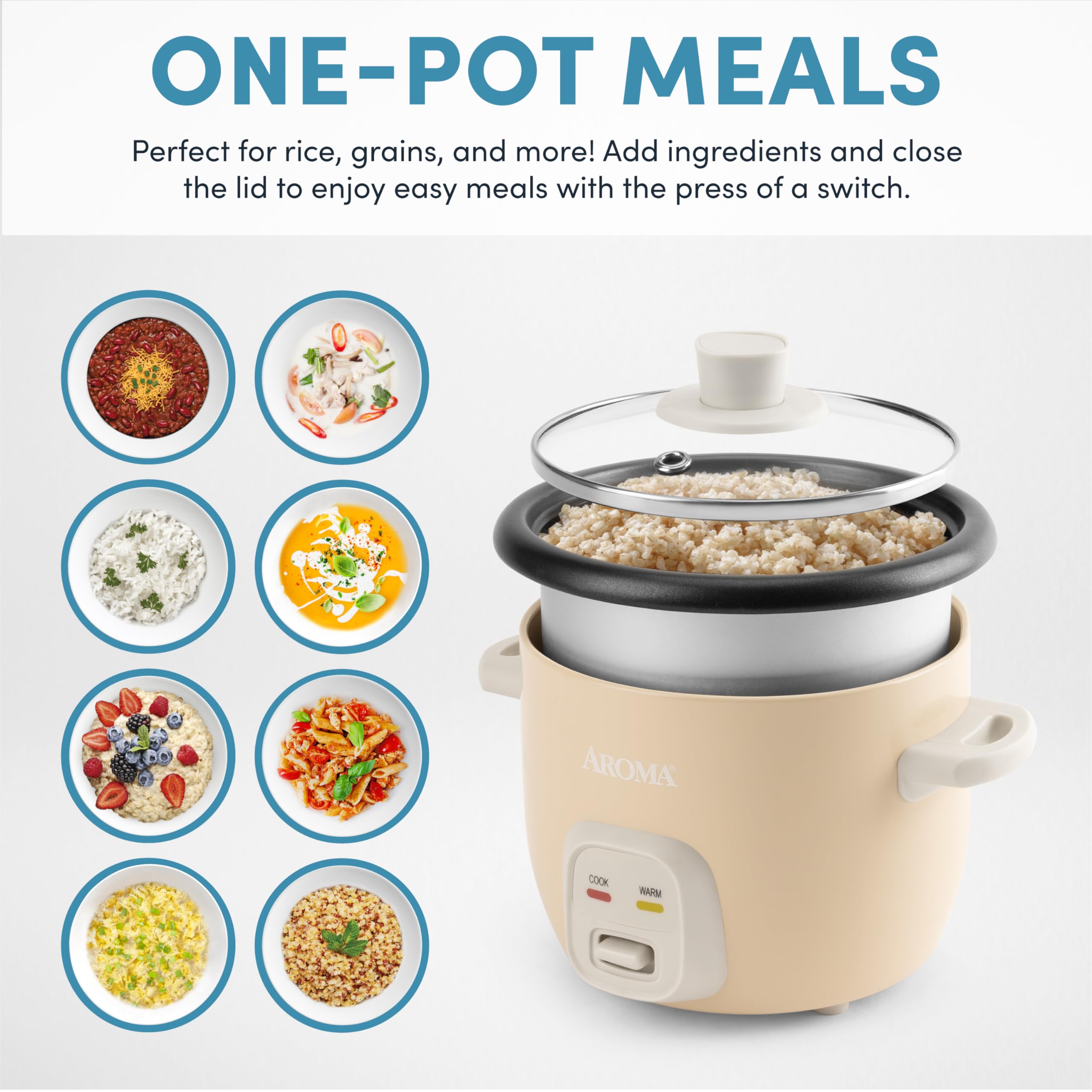 AROMA Mini Rice Cooker, 2-Cup (Uncooked) / 4-Cup (Cooked), Grain Cooker, Soup Maker, Oatmeal Cooker, Auto Keep Warm, 1 Qt, Milk