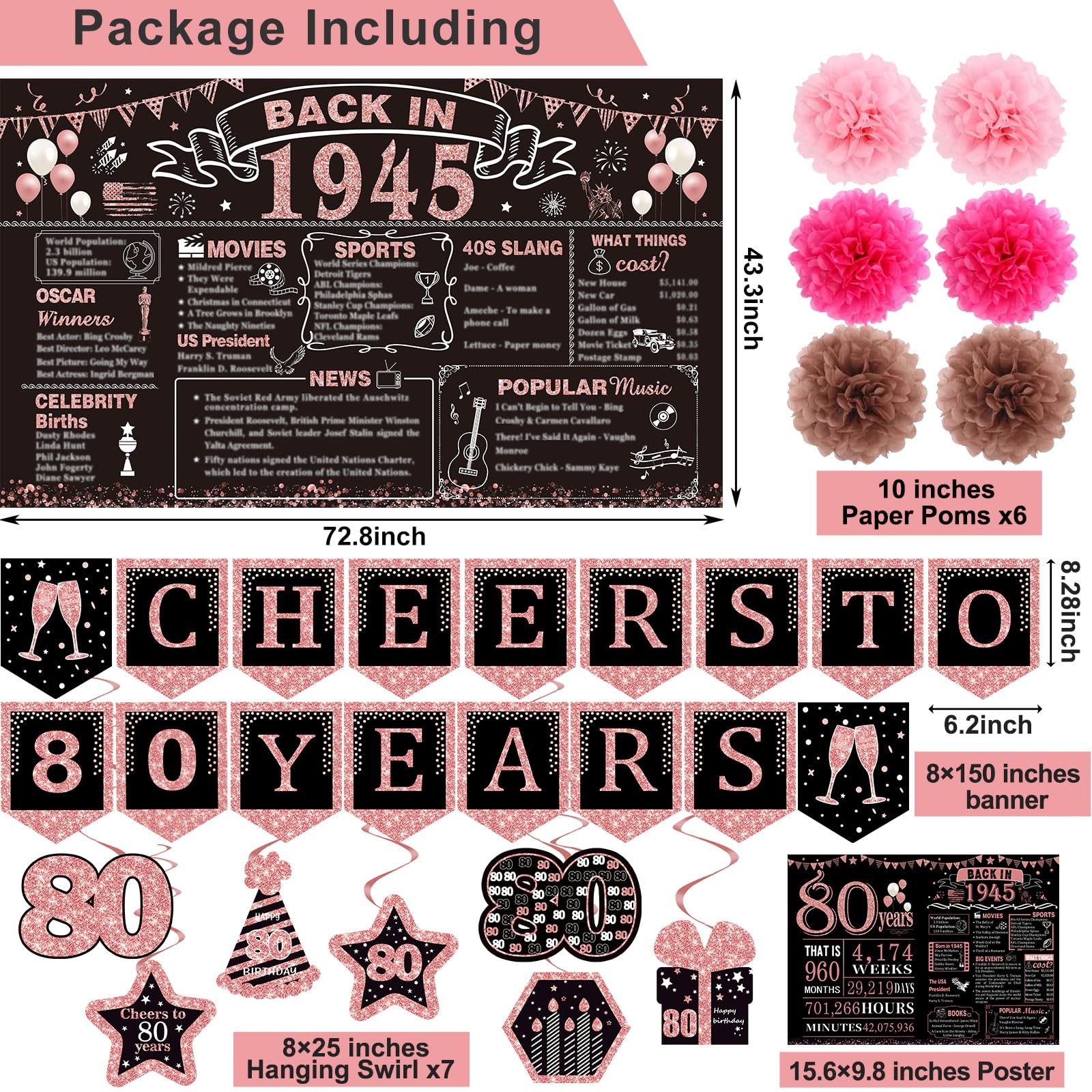 80Th Birthday Decorations For Women,16Pcs Back In 1945 Party Banner Decorations,Including Vintage 1945 Backdrop,Cheers To 80 Yea