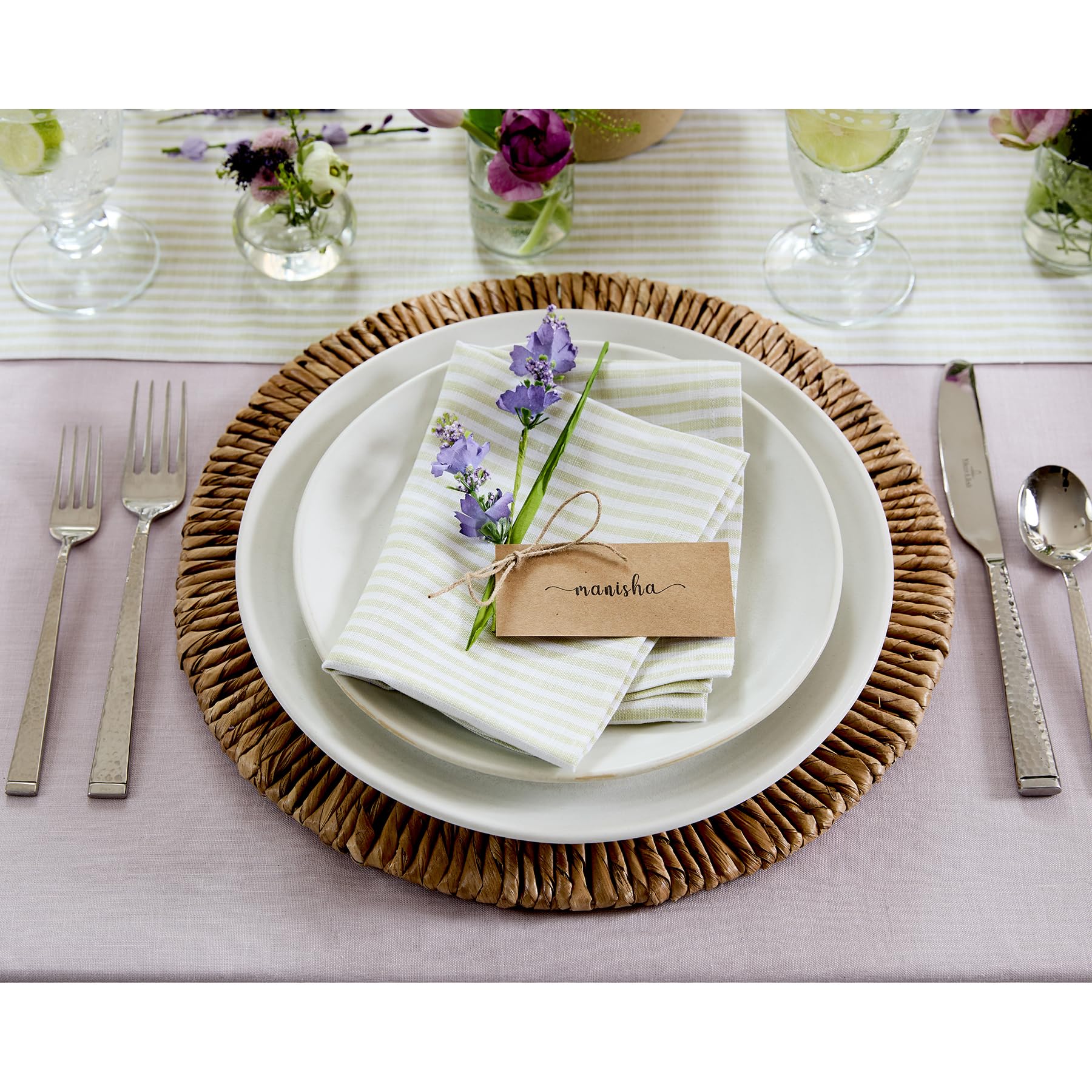 Solino Home Stripe Linen Dinner Napkins 20 X 20 Inch - 100% Pure Linen Sage And White Cloth Napkins Set Of 4 For Spring, St Patr