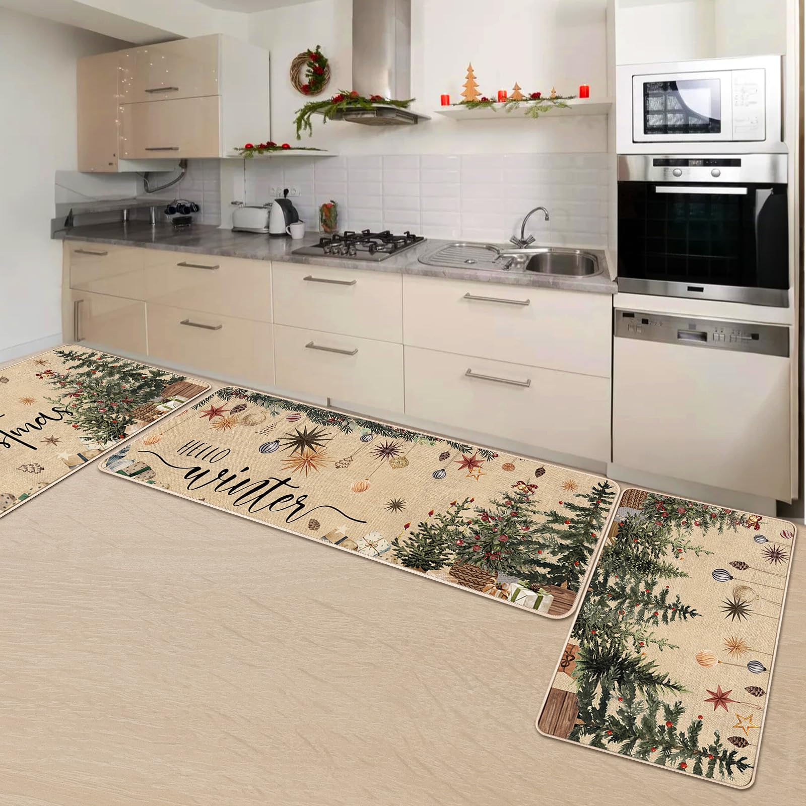 Drydiet 3 Pcs Christmas Kitchen Rug and Mats Beige Winter Kitchen Floor Mat Anti Fatigue Non Slip Xmas Tree Doormat Neutral Mode