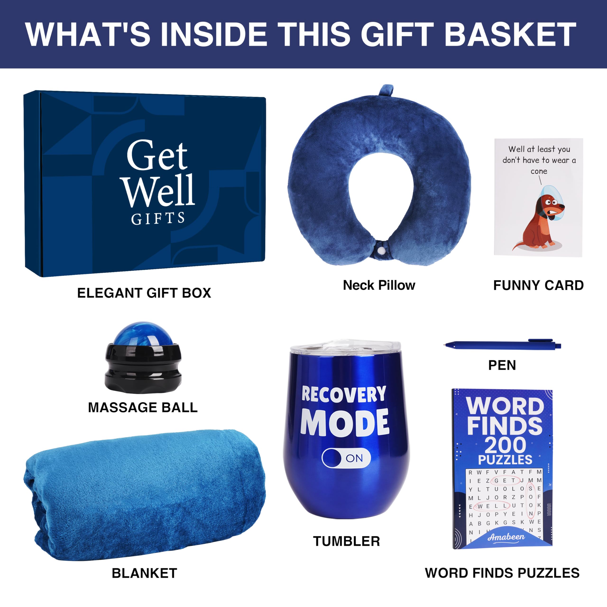 Amabeen Gifts Get Well Soon Gift Basket for Men - X-Large Dark Blue Recovery Care Package with Blanket, Tumbler, Pillow, and More