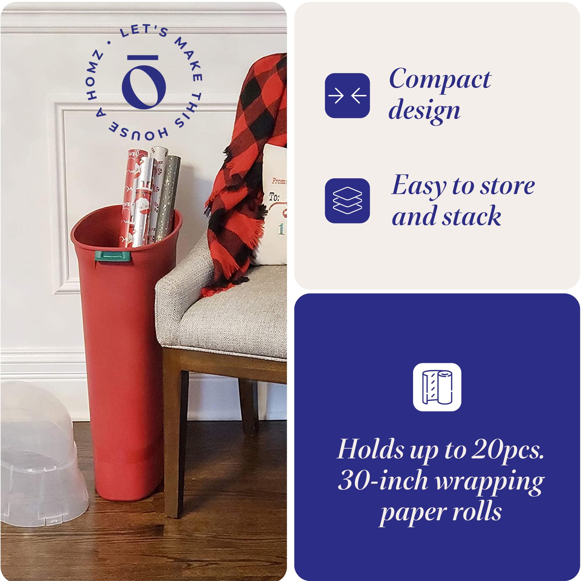 HOMZ 2-Pack Plastic Gift Wrap Storage Organizer, 30 Inches, Red & Clear for Christmas & Birthday Presents