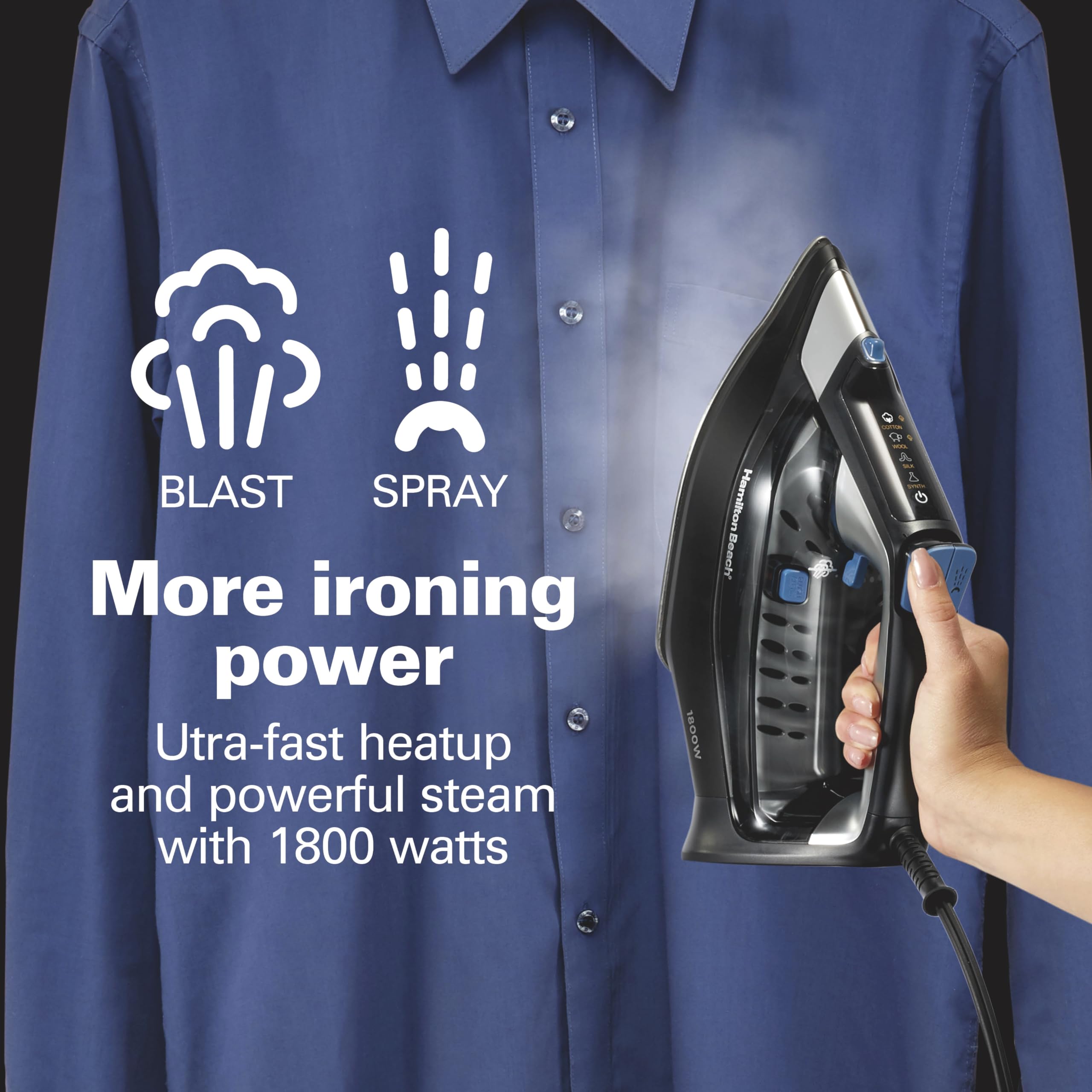 Hamilton Beach Steam Iron For Clothes & Garment Steamer With Intuitive Fabriciq Touchpad, Durable Stainless Steel Soleplate, 3-W