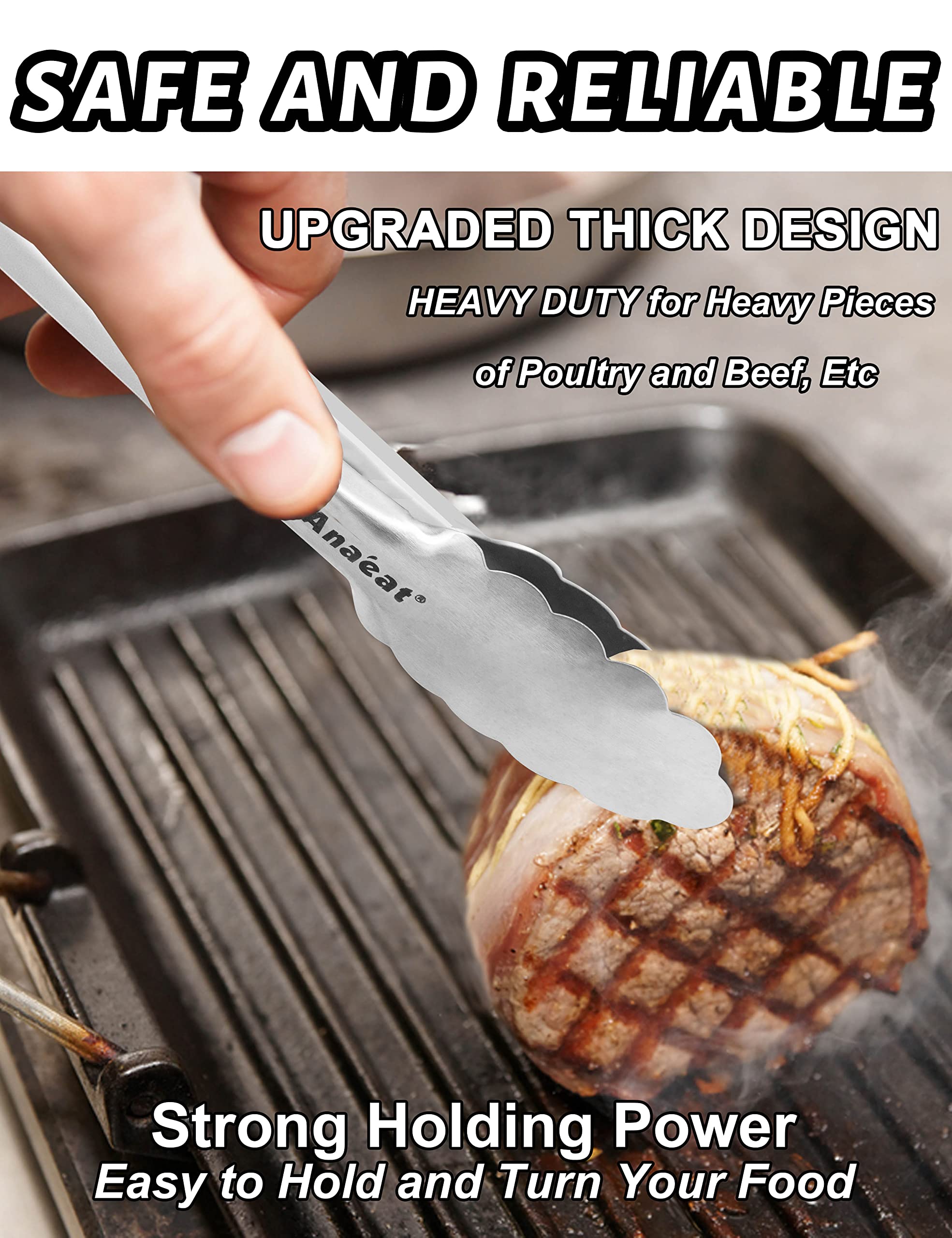 Anaeat Premium Kitchen Locking Tong Set Of 3 - Heavy Duty Stainless Steel Food Tongs With Long Handle & Non-Slip Silicone Grip F