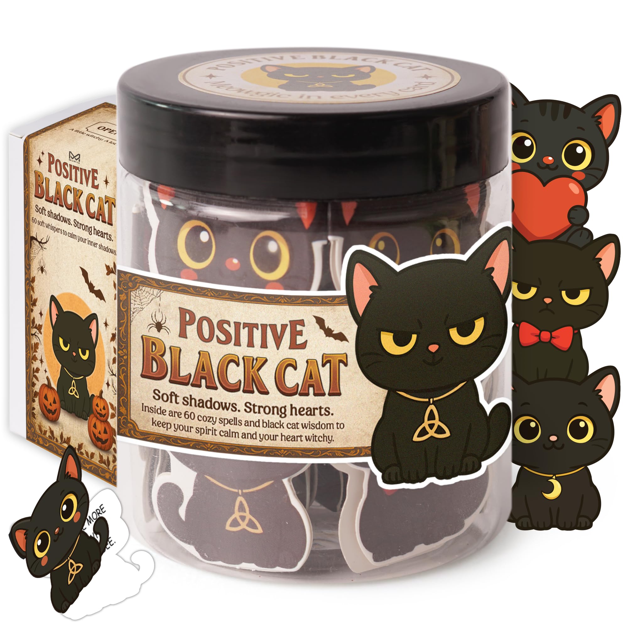 Miarita Positive Black Cats Jar - 60 Affirmation Cards for Anxiety & Self Care, Black Cat Halloween Gifts for Women, Kids, Teens