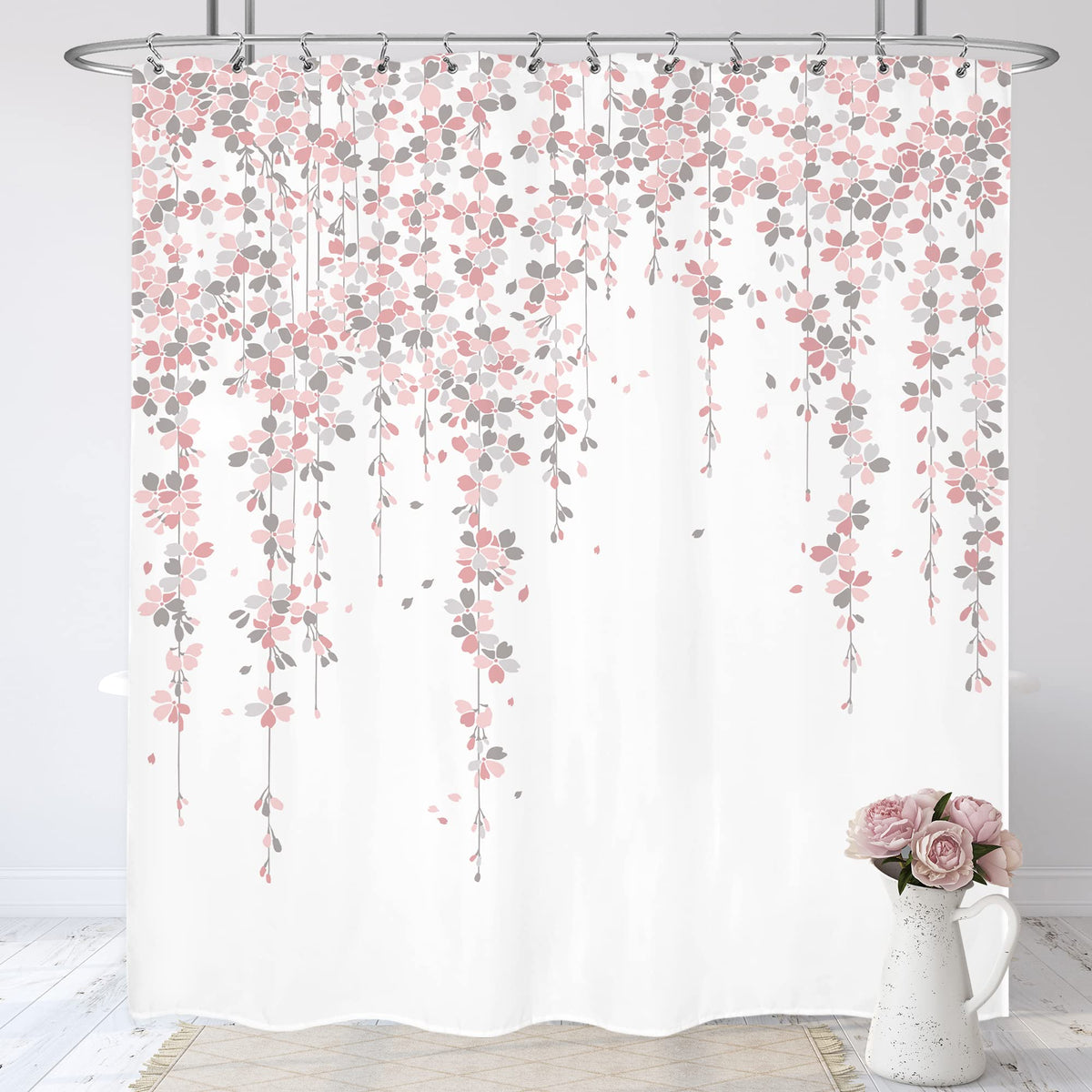 Lightinhome Grey Pink Floral Shower Curtain 72Wx72H Inches Dusty Rose Cherry Blossom Blooming Weeping Flowers Spring Bathroom Ho