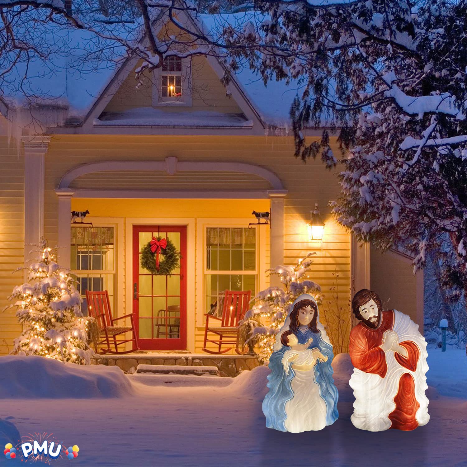 PMU Christmas Light-Up Nativity Set - Plastic Blow Mold 2 Piece Statue Illuminated with 6  Cord and Light - Nativity Family Set