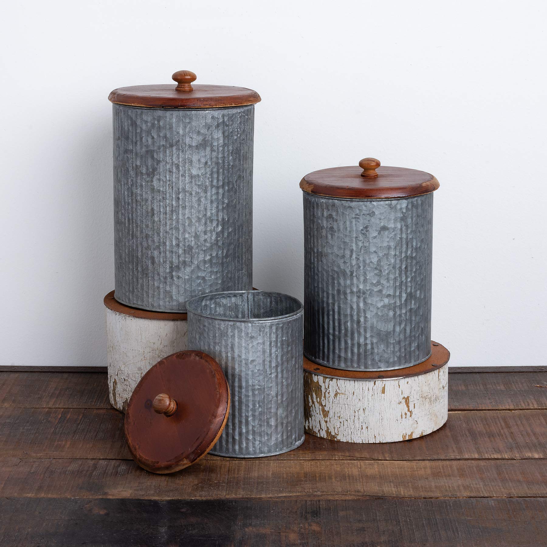 Primitives By Kathy Rustic Style Canisters, Set Of 3, Galvanized Metal And Wood