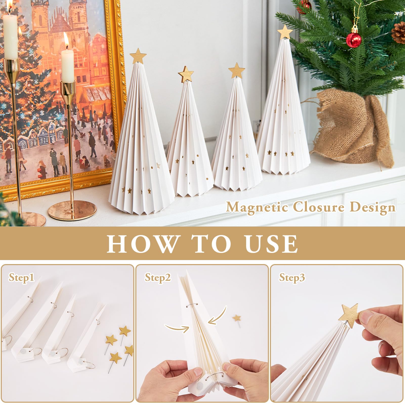 OBBOLO 4Pcs Paper Christmas Tree, White Christmas Trees Centerpiece for Holiday XMARS Decoration
