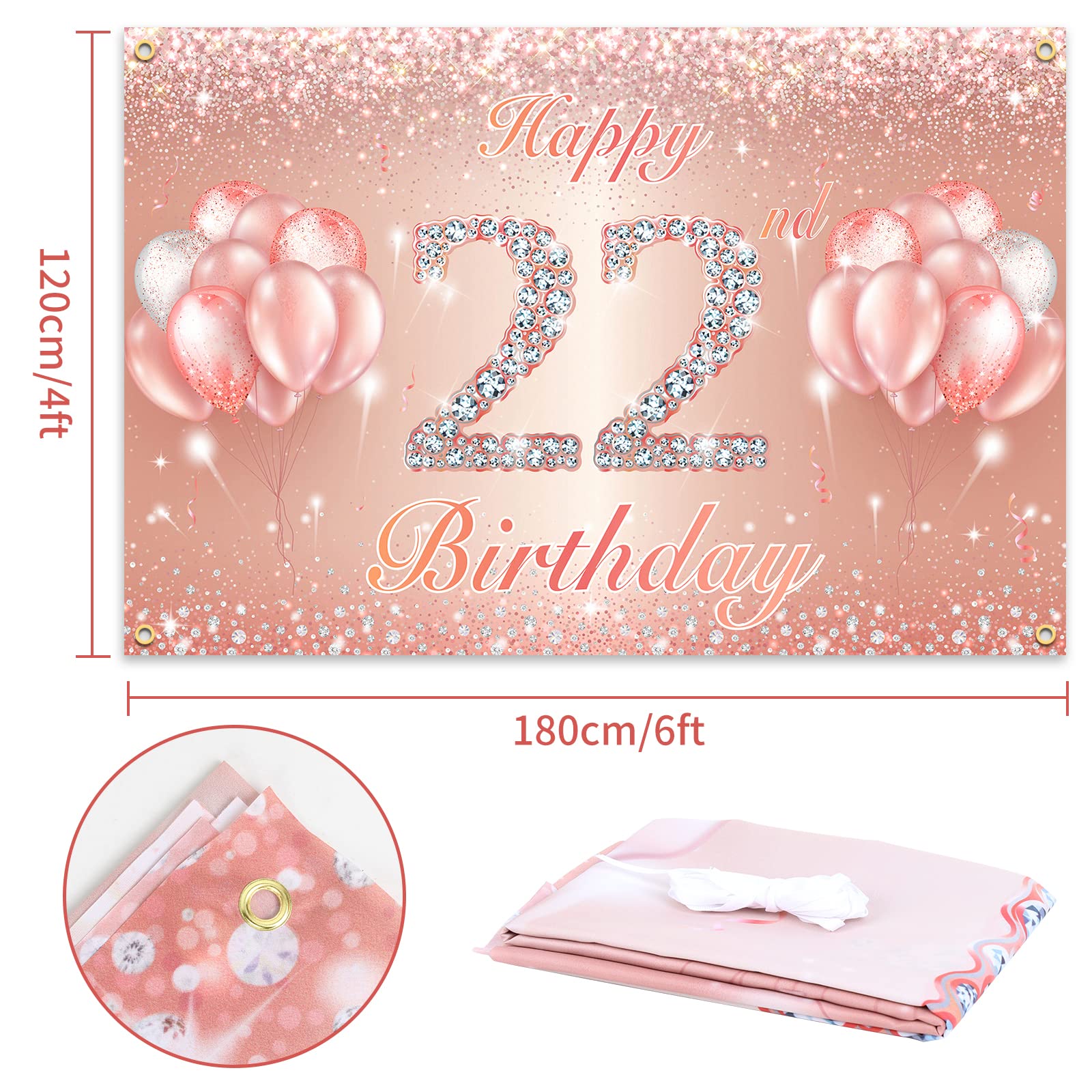 Happy 22Nd Birthday Banner Backdrop - 22 Birthday Party Decorations Supplies For Women Or Men - Rose Gold 4 X 6Ft