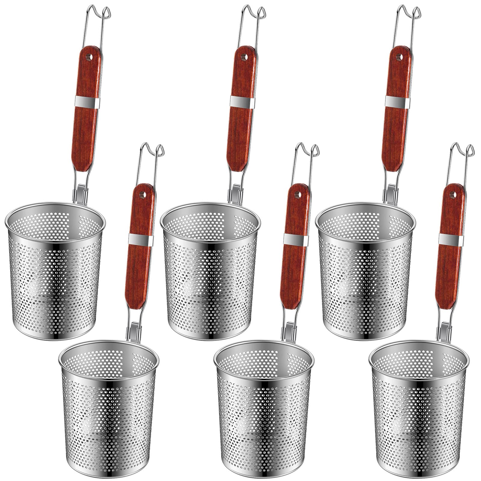 Tessco 6 Pcs Pasta Cooker Stainless Steel Pasta Basket With Wood Handle Kitchen Mesh Spider Pasta Strainer Skimmer Food Dumpling