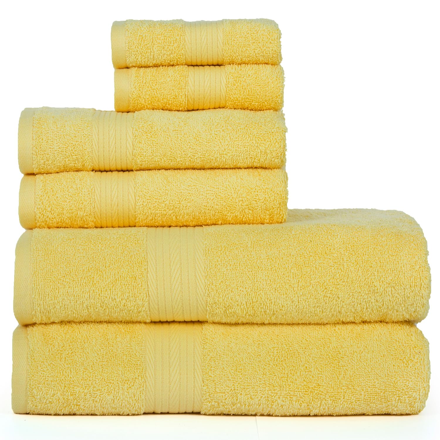Ample Decor 100% Cotton 6 Piece Bathroom Towels Set, 2 Bath Towels, 2 Hand Towels, 2 Washcloths, Quick Drying - Yellow Towel Set