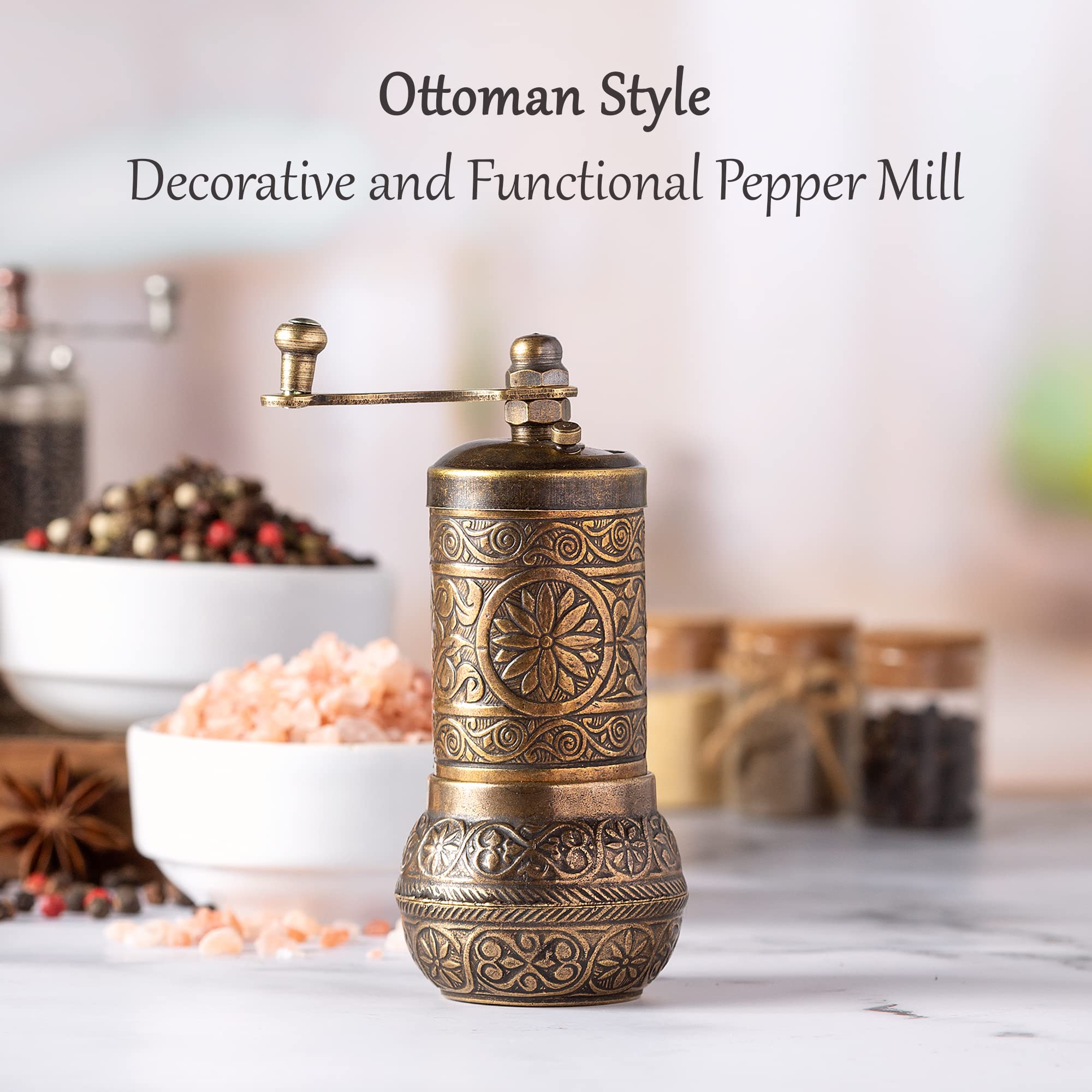 Decorative Black Pepper Grinder, Refillable Turkish Spice Mill With Adjustable Coarseness, Manual Pepper Mill With Handle, Spice