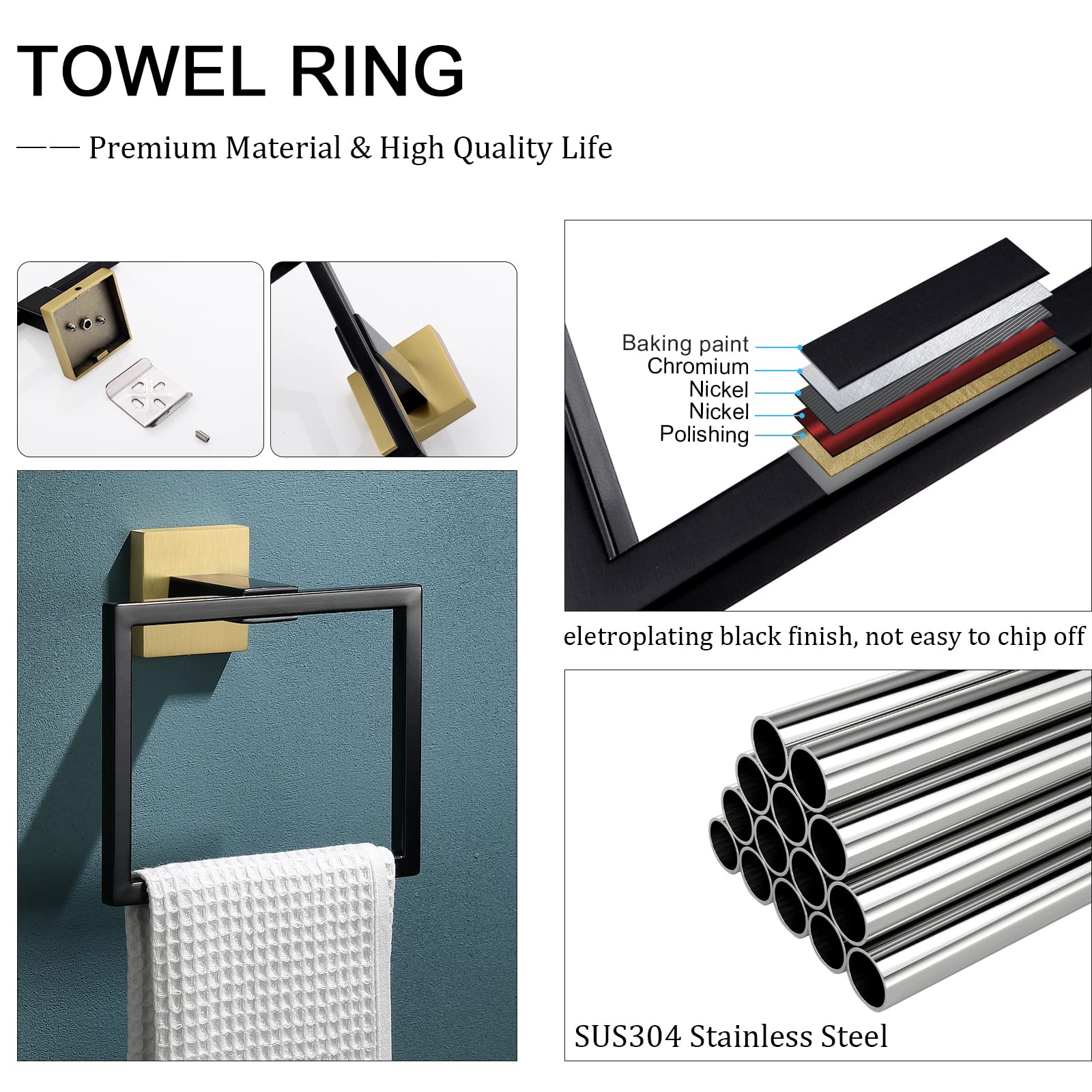 Tqkag Black And Gold Towel Ring Bathroom Hand Towel Holder Stainless Steel Square Towel Bar Hangers Wall Mounted