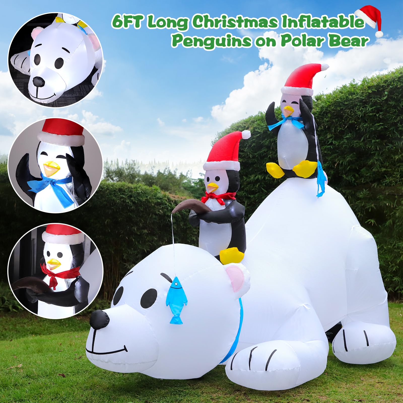 FunFanso 6FT Polar Bear Christmas Inflatable with Penguins, LED Lights, Colorful Yard Decoration, Model D01NA-027