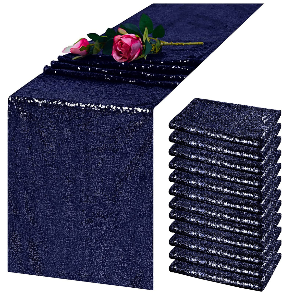 Tcbesto Navy Blue Sequin Table Runner 12 ' 'X 72 ' ' 12 Pack Navy Glitter Metal Shiny Table Cloth Runner For Wedding Birthday Pa
