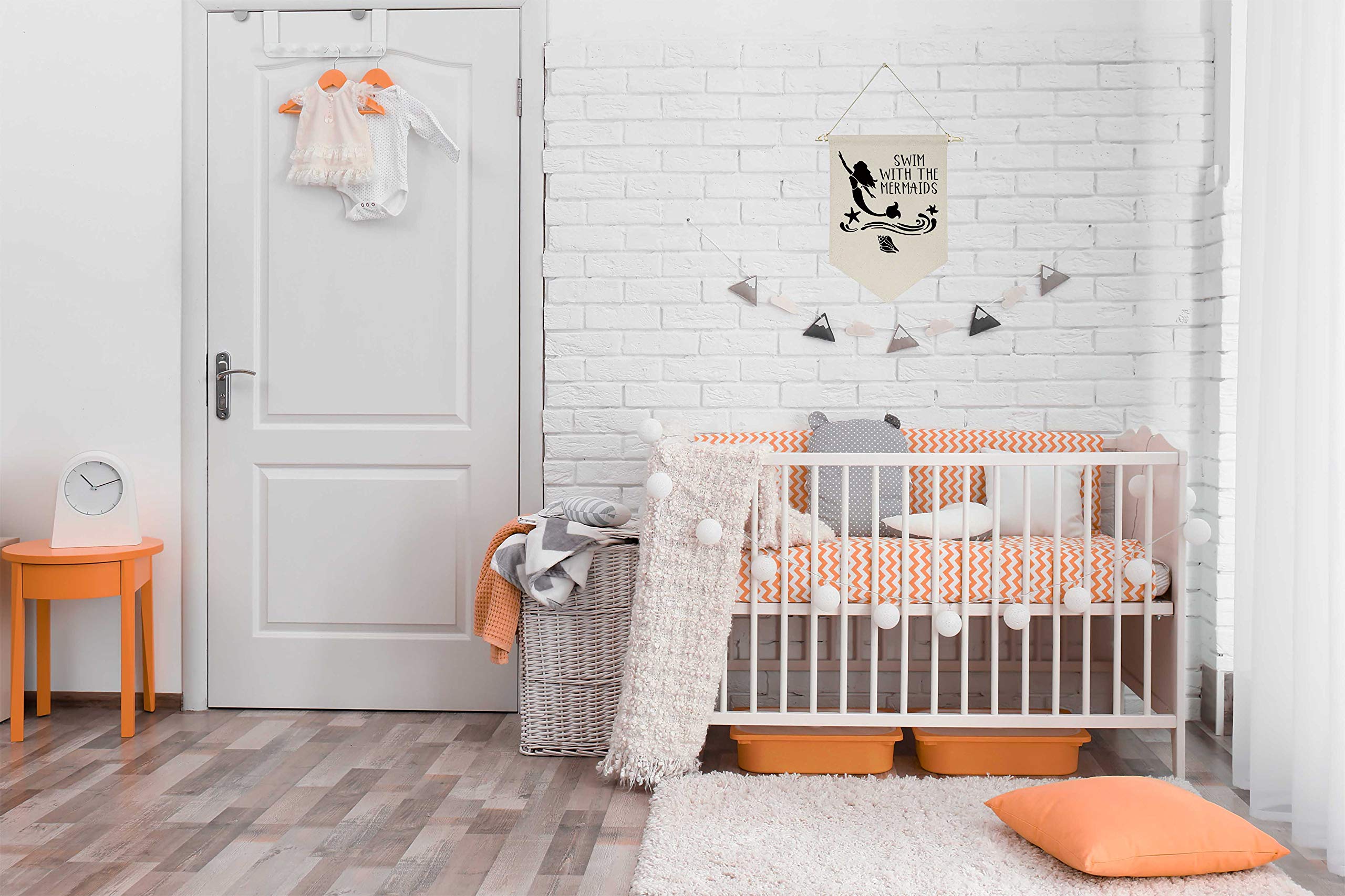 Swim With the Mermaids -Canvas Hanging Flag Banner Wall Sign Decor Gift for Baby Kids Girl Nursery Teen Room Front Door - Conch Waves