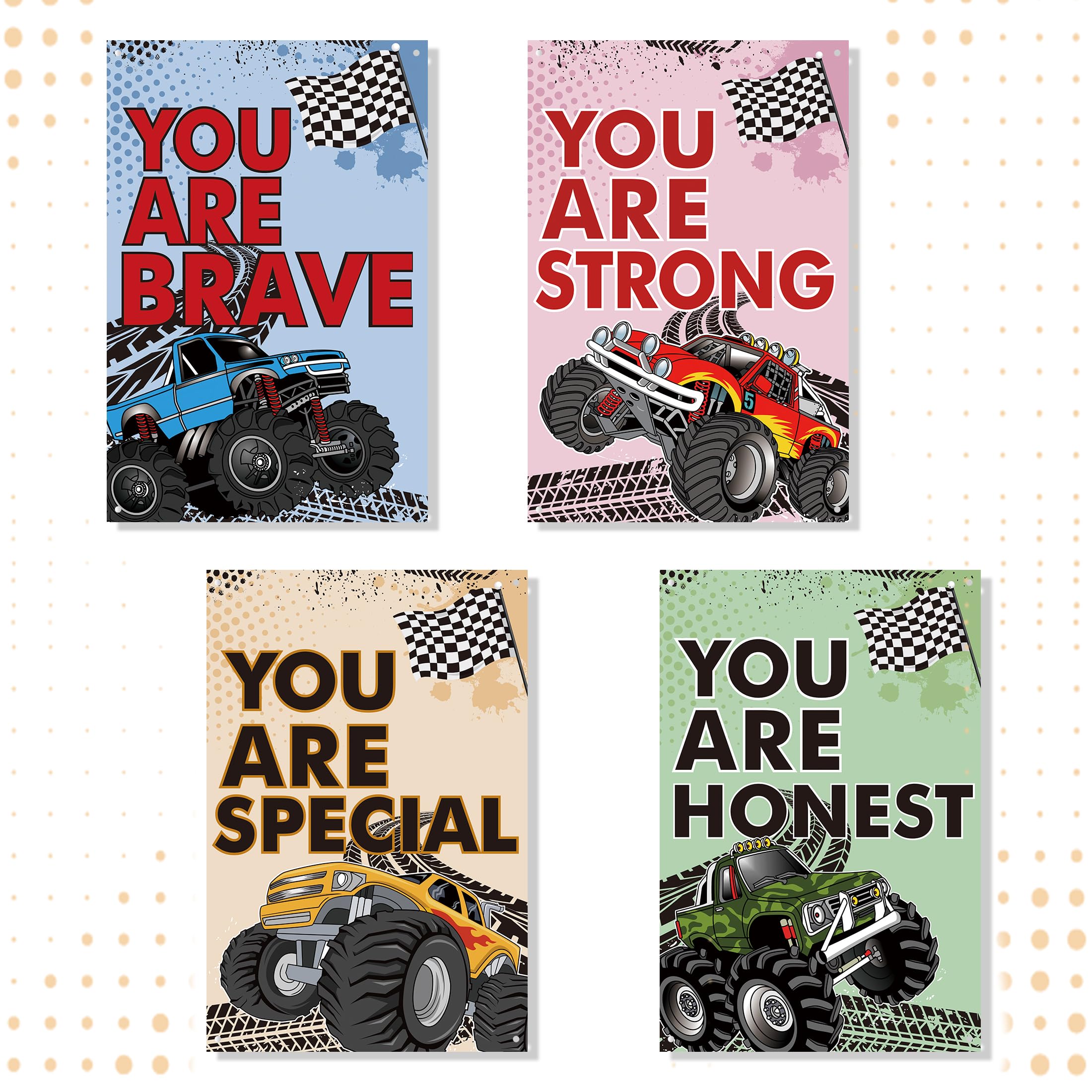 4 Pcs Monster Trucks Bedroom Wall Decor for Boys, Inspirational Construction Trucks Sign Decoration for Kids, Motivational Vinyl