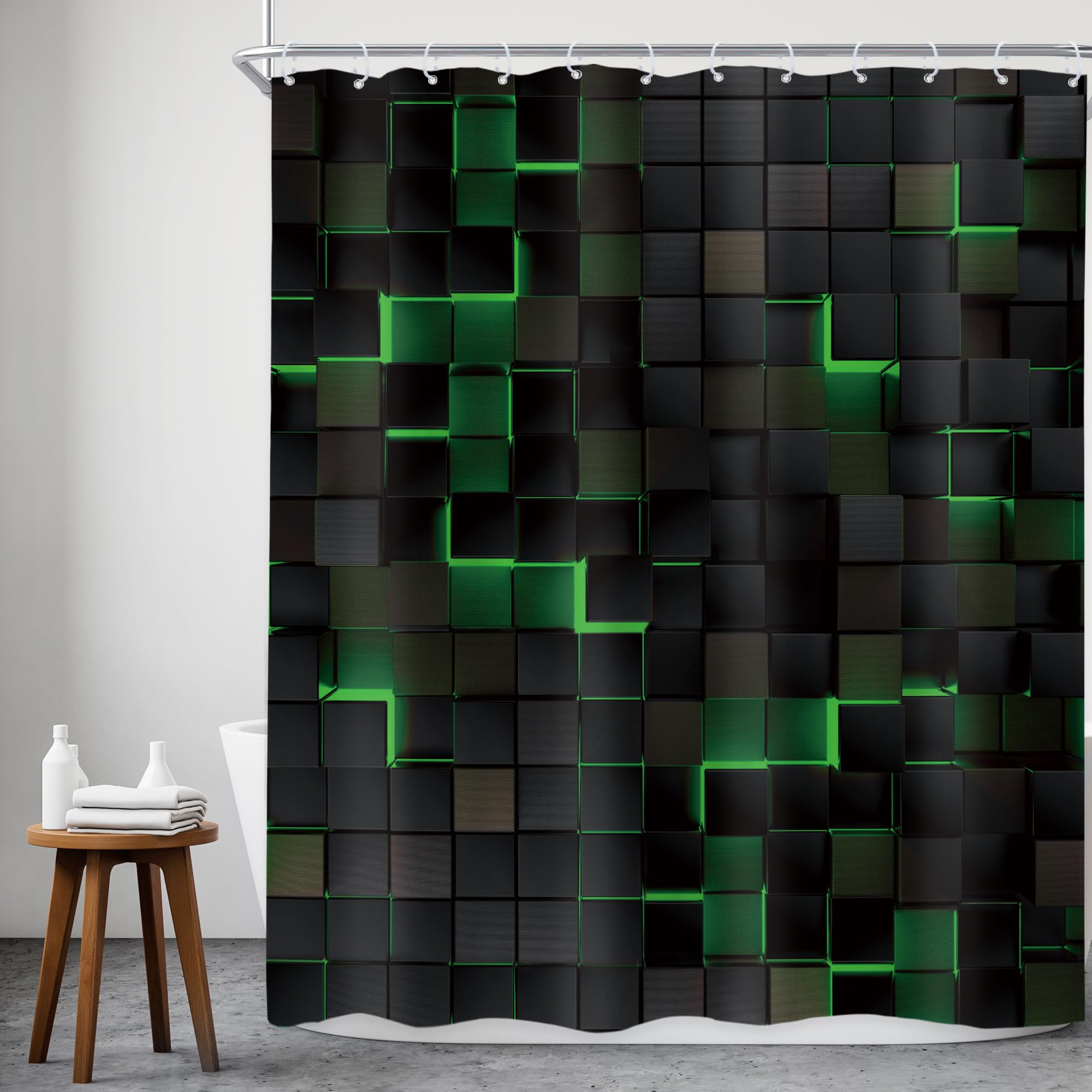 Riyidecor Black Green Shower Curtain 60Wx72H Inch Abstract Wall Brick Modern 3D Gradient Design Futuristic Geometric Plaid Cubes