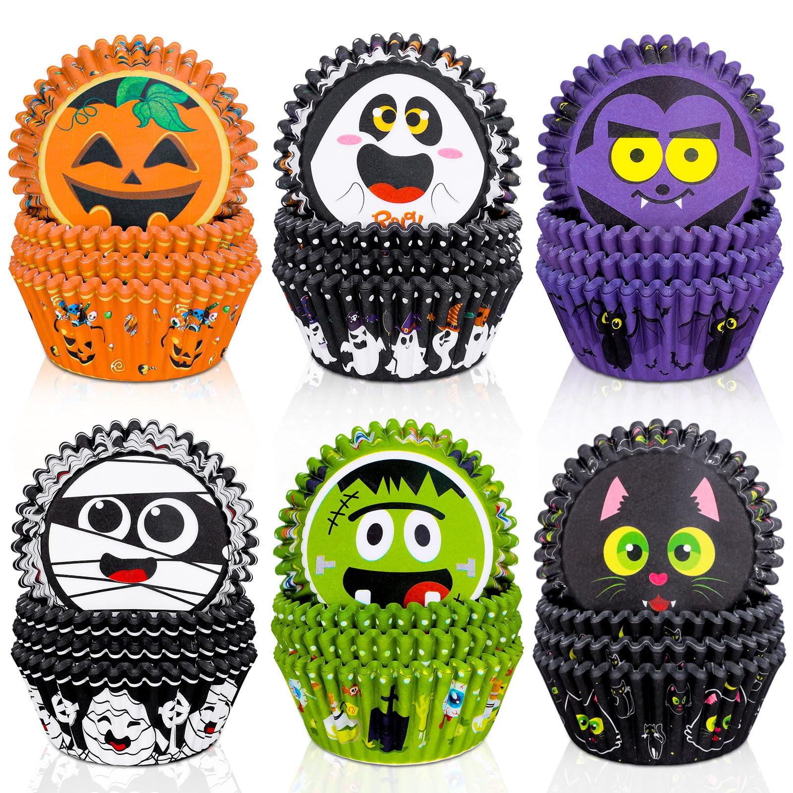 Anydesign 600Pcs Halloween Cupcake Liners Baking Cups Pumpkin Ghost Mummy Frankenstein Vampire Black Cat Pattern Cupcake Wrapper