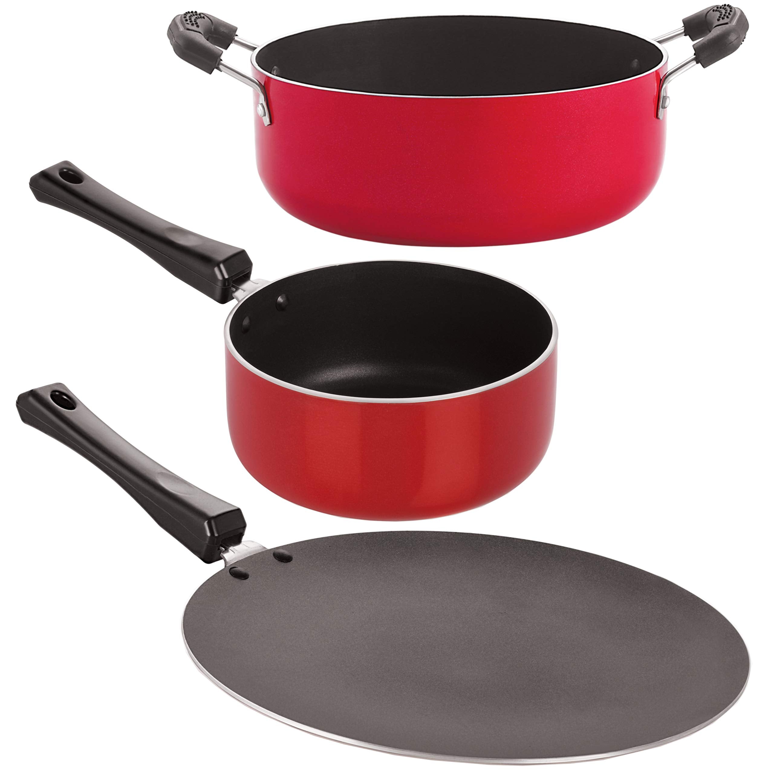 Nirlon Nonstick Cookware Pots And Pans 3 Pieces Set,Red (1Concave Tawa 27.5Cm/1 Sauce Pan (B)1.8 Ltr/1 Casserole 3.1 Ltr/) (Ct11