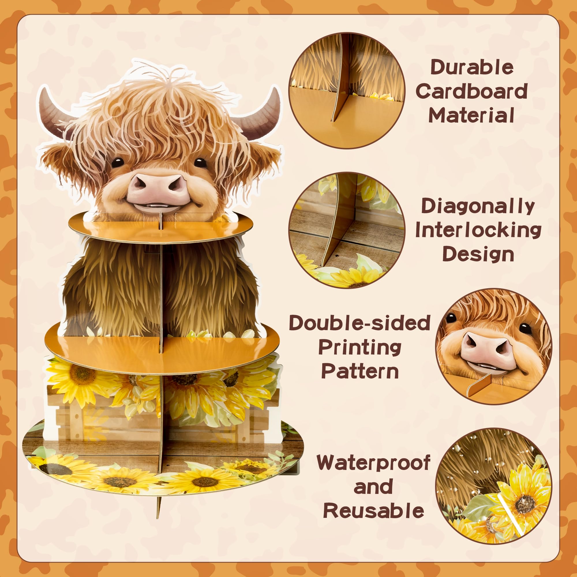 Salovio Highland Cow Cupcake Stand - 3 Tiers Highland Cow Cupcake Stand Baby Highland Cow Birthday Party Cardboard Cupcake Holde