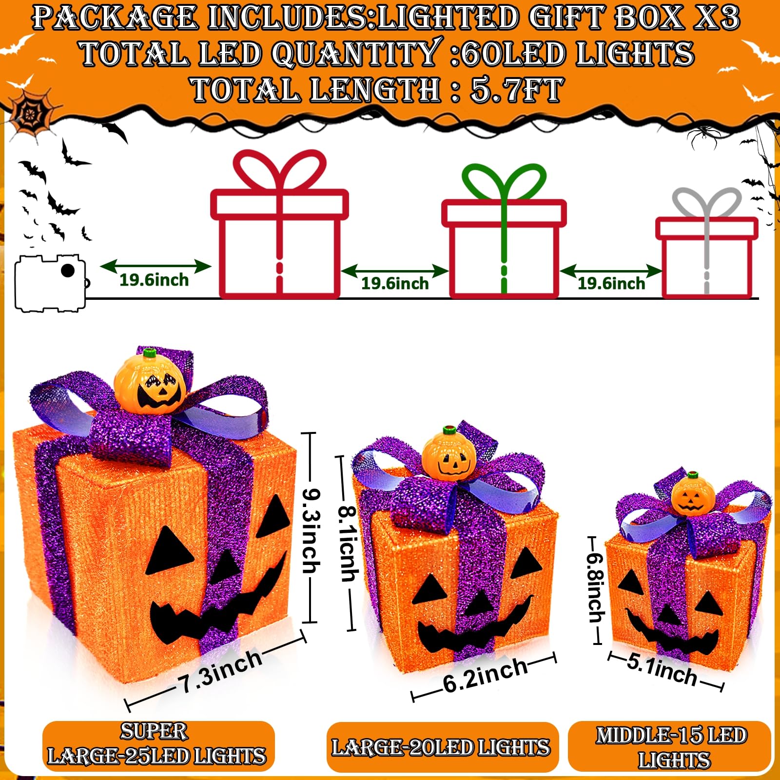 [ 8 Modes & Timer ] 3 Pack Lighted Halloween Pumpkin Decorations with 60 LED Lights Battery Operated Jack-O-Lantern Gift Box Hal